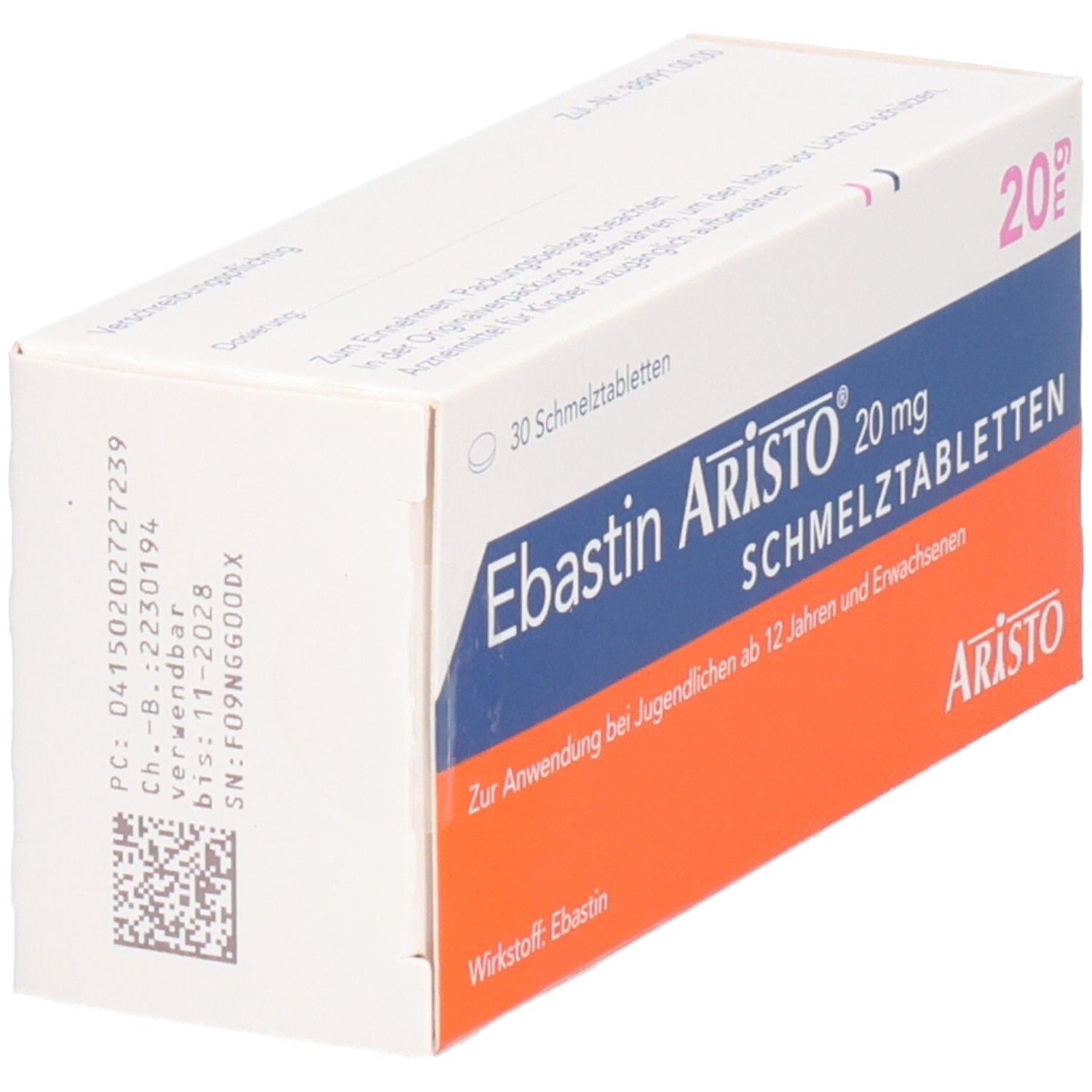 Schachtel EBASTIN Aristo 20 mg Schmelztabletten. Weiß, blau und orangefarben. Text: 20 mg, Aristo, Schmelztabletten. Code auf der Seite.