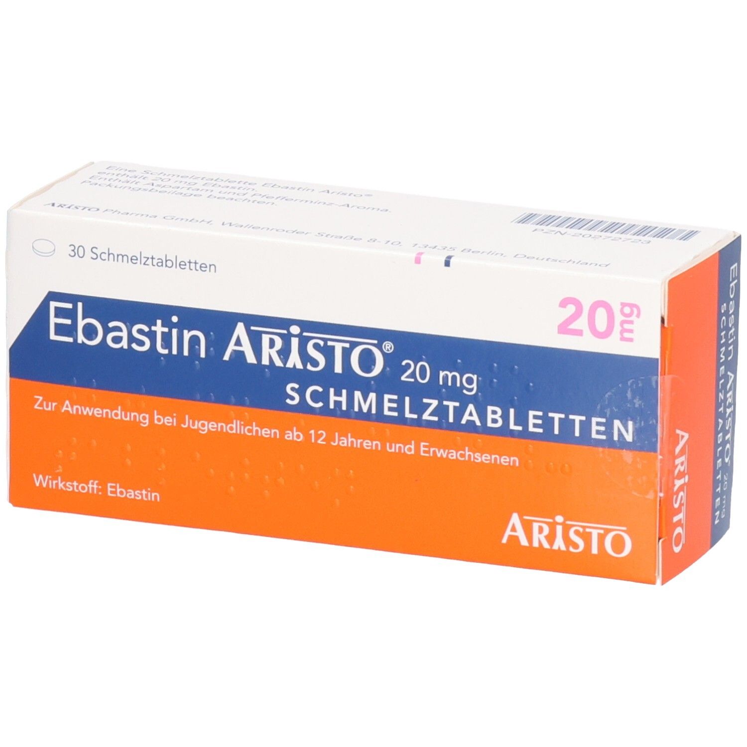 Schachtel mit EBASTIN Aristo 20 mg Schmelztabletten. Weiß, blau und orangefarben. Text: 20 mg, Aristo, Schmelztabletten.