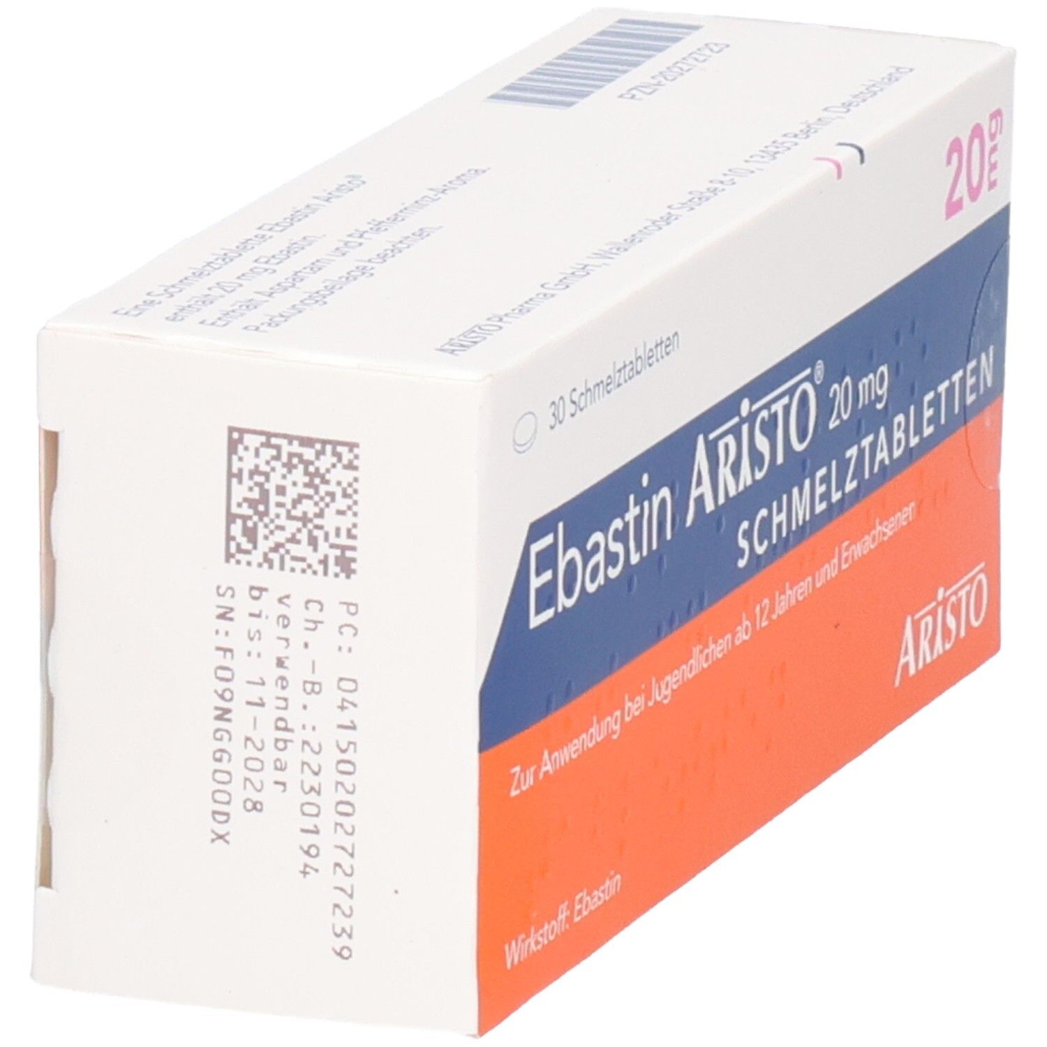 Schachtel EBASTIN Aristo 20 mg Schmelztabletten. Weiß, blau und orangefarben. Text: 20 mg, Aristo, Schmelztabletten. Code auf der Seite.