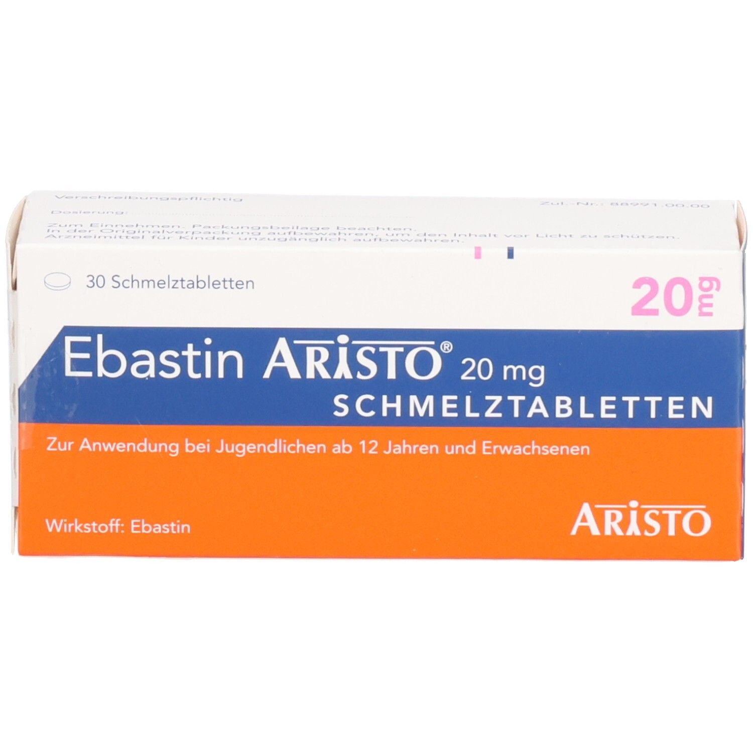 Schachtel mit EBASTIN Aristo 20 mg Schmelztabletten. Weiß, blau und orangefarben. Text: 20 mg, Aristo, Schmelztabletten.