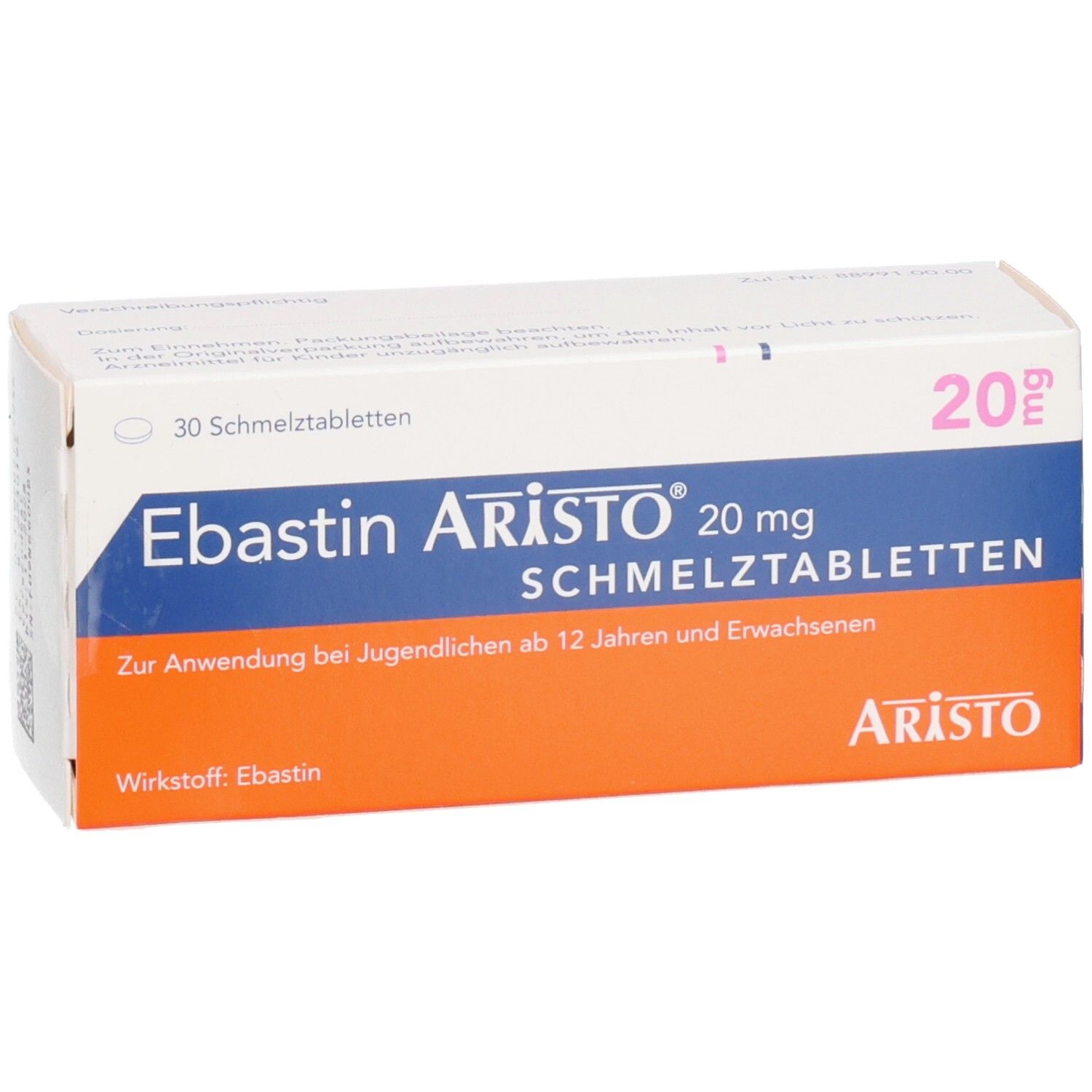 Schachtel mit EBASTIN Aristo 20 mg Schmelztabletten. Weiß, blau und orangefarben. Text: 20 mg, Aristo, Schmelztabletten.