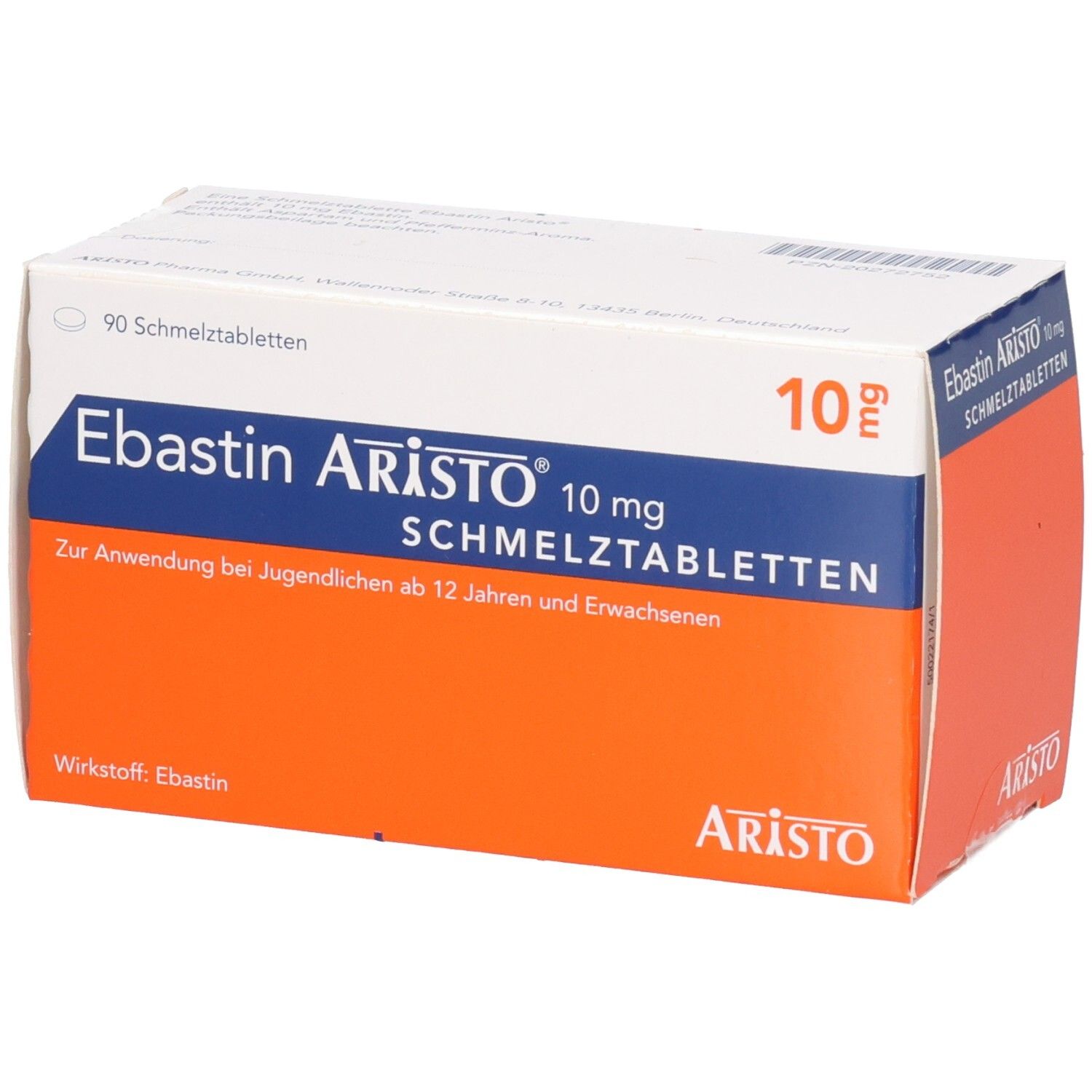 Schachtel mit EBASTIN Aristo 10 mg Schmelztabletten. Weiße Schachtel mit blauer und orangefarbener Beschriftung. Text: EBASTIN Aristo 10 mg Schmelztabletten.