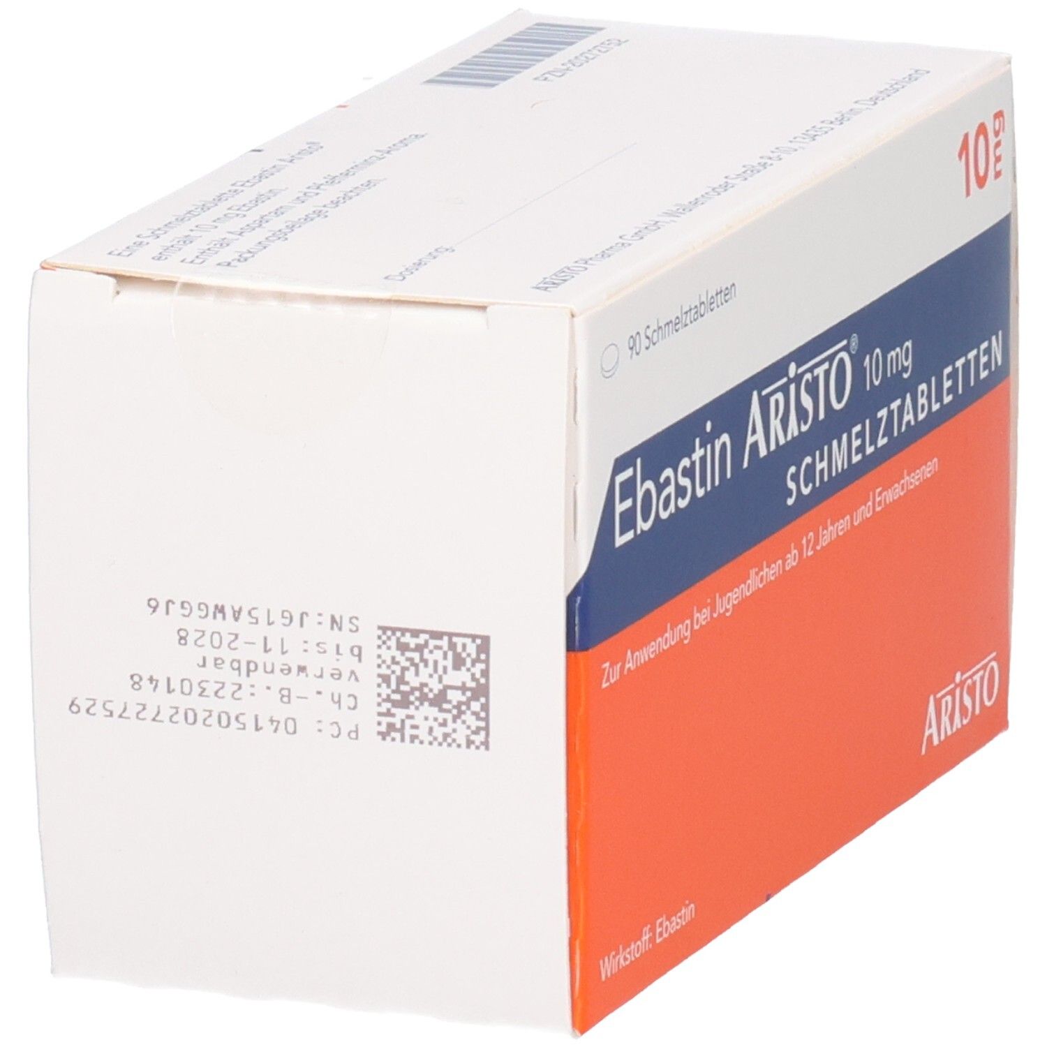 Schachtel EBASTIN Aristo 10 mg Schmelztabletten. Weiße Schachtel mit blauer und orangefarbener Beschriftung. Rückseite mit Barcode und Text.