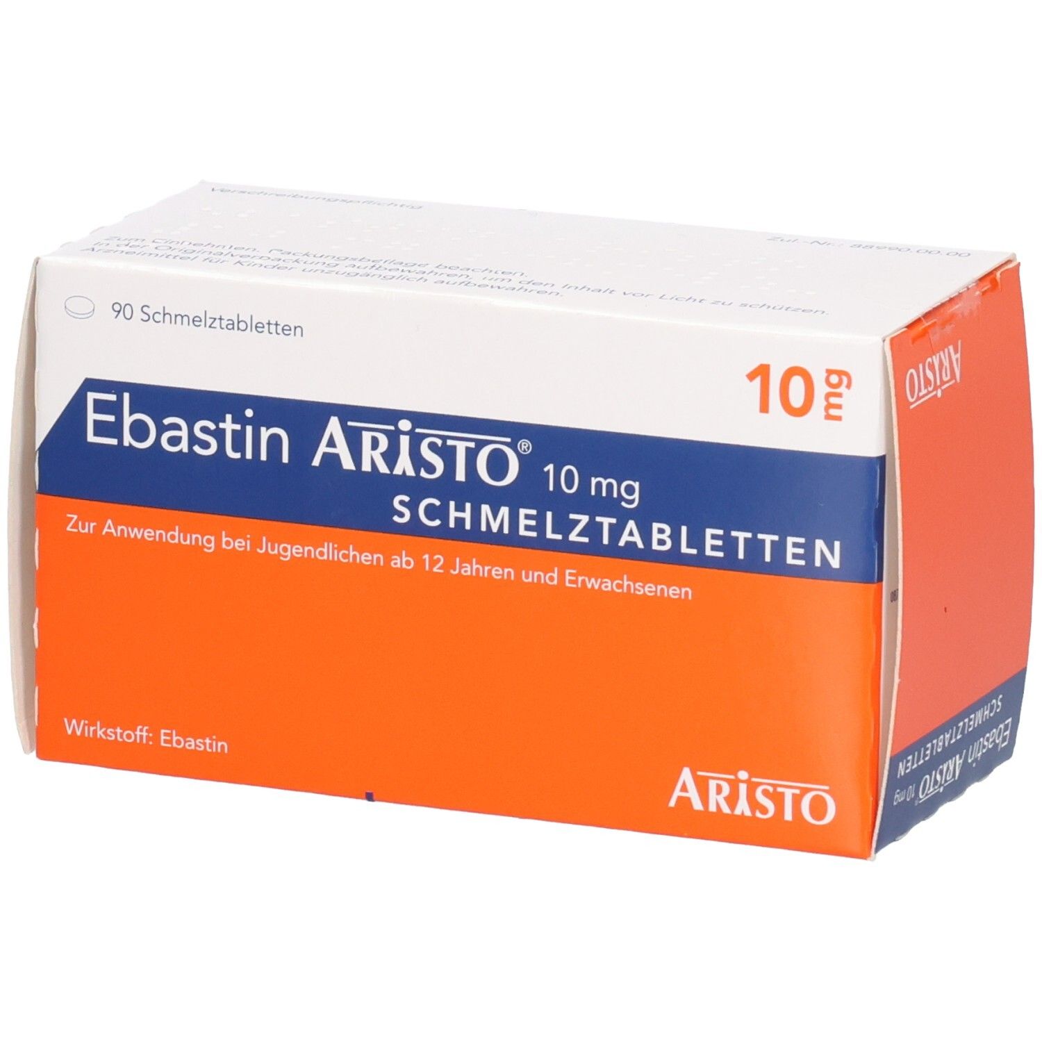 Schachtel mit EBASTIN Aristo 10 mg Schmelztabletten. Weiße Schachtel mit blauer und orangefarbener Beschriftung. Text: EBASTIN Aristo 10 mg Schmelztabletten.