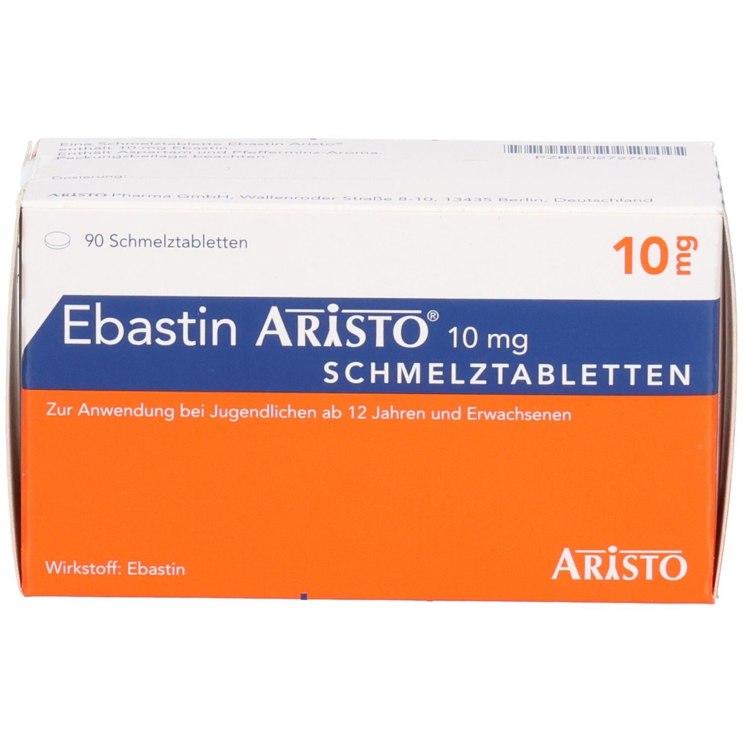 Schachtel mit EBASTIN Aristo 10 mg Schmelztabletten. Weiße Schachtel mit blauer und orangefarbener Beschriftung. Text: EBASTIN Aristo 10 mg Schmelztabletten.