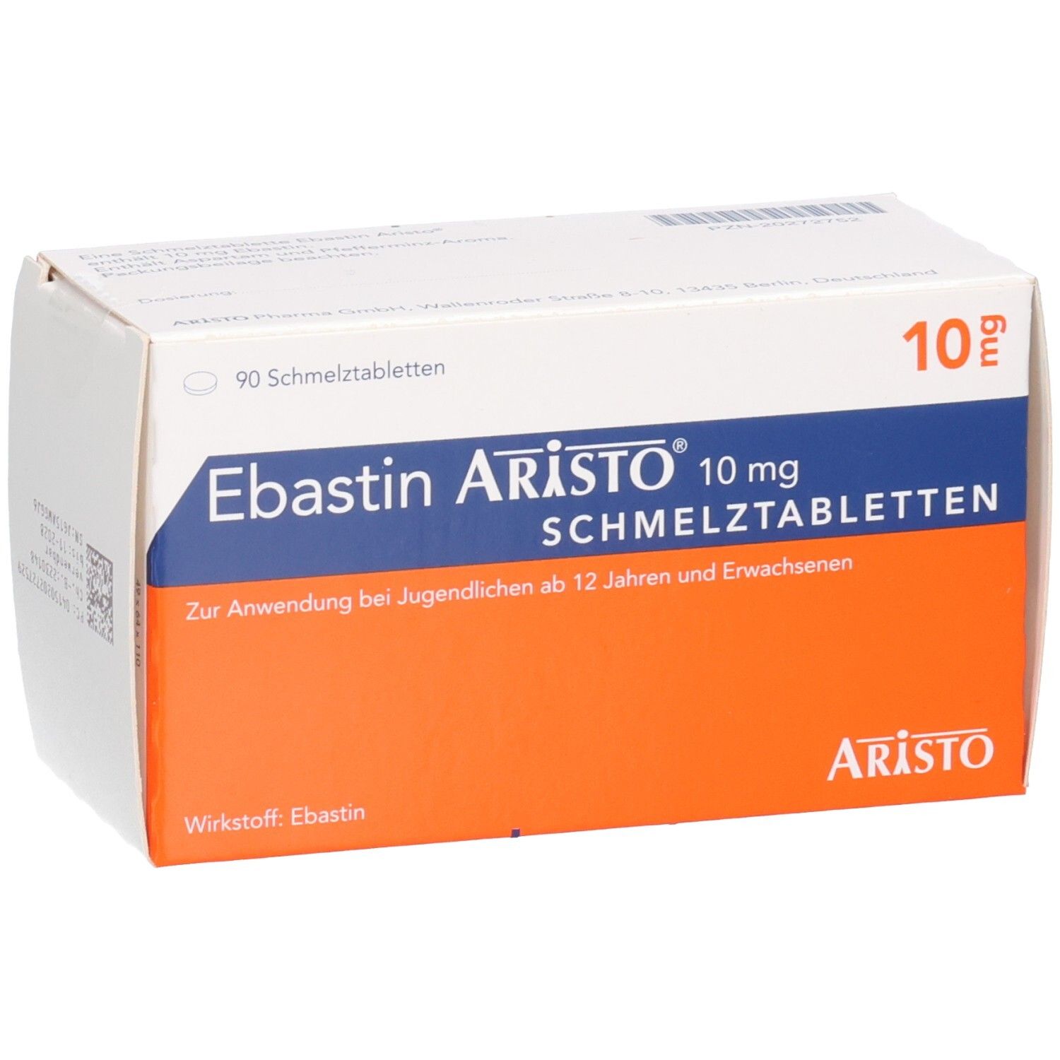 Schachtel mit EBASTIN Aristo 10 mg Schmelztabletten. Weiße Schachtel mit blauer und orangefarbener Beschriftung. Text: EBASTIN Aristo 10 mg Schmelztabletten.