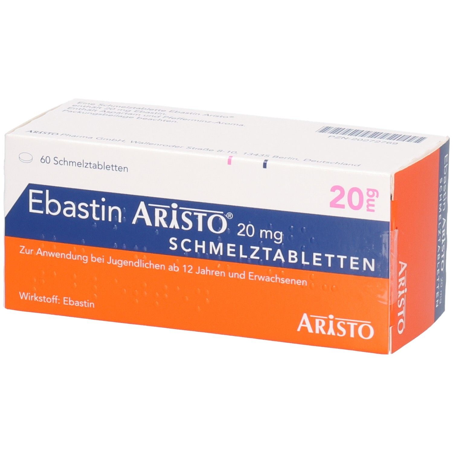 Schachtel mit EBASTIN Aristo 20 mg Schmelztabletten. Aufschrift: 60 Schmelztabletten. Orangefarbener und weißer Hintergrund.