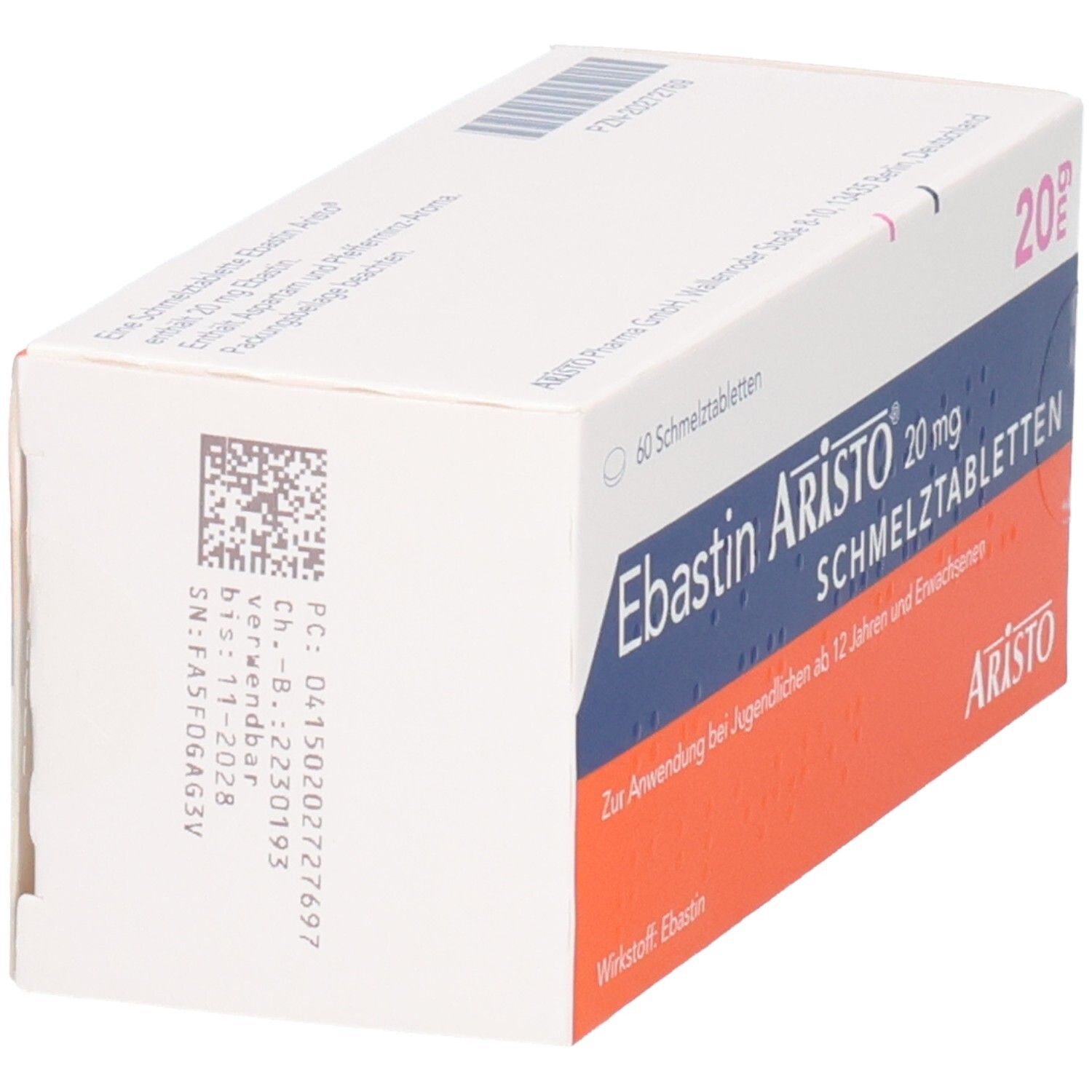 Schachtel mit EBASTIN Aristo 20 mg Schmelztabletten. Seitenansicht. Weiße und orangefarbene Verpackung.