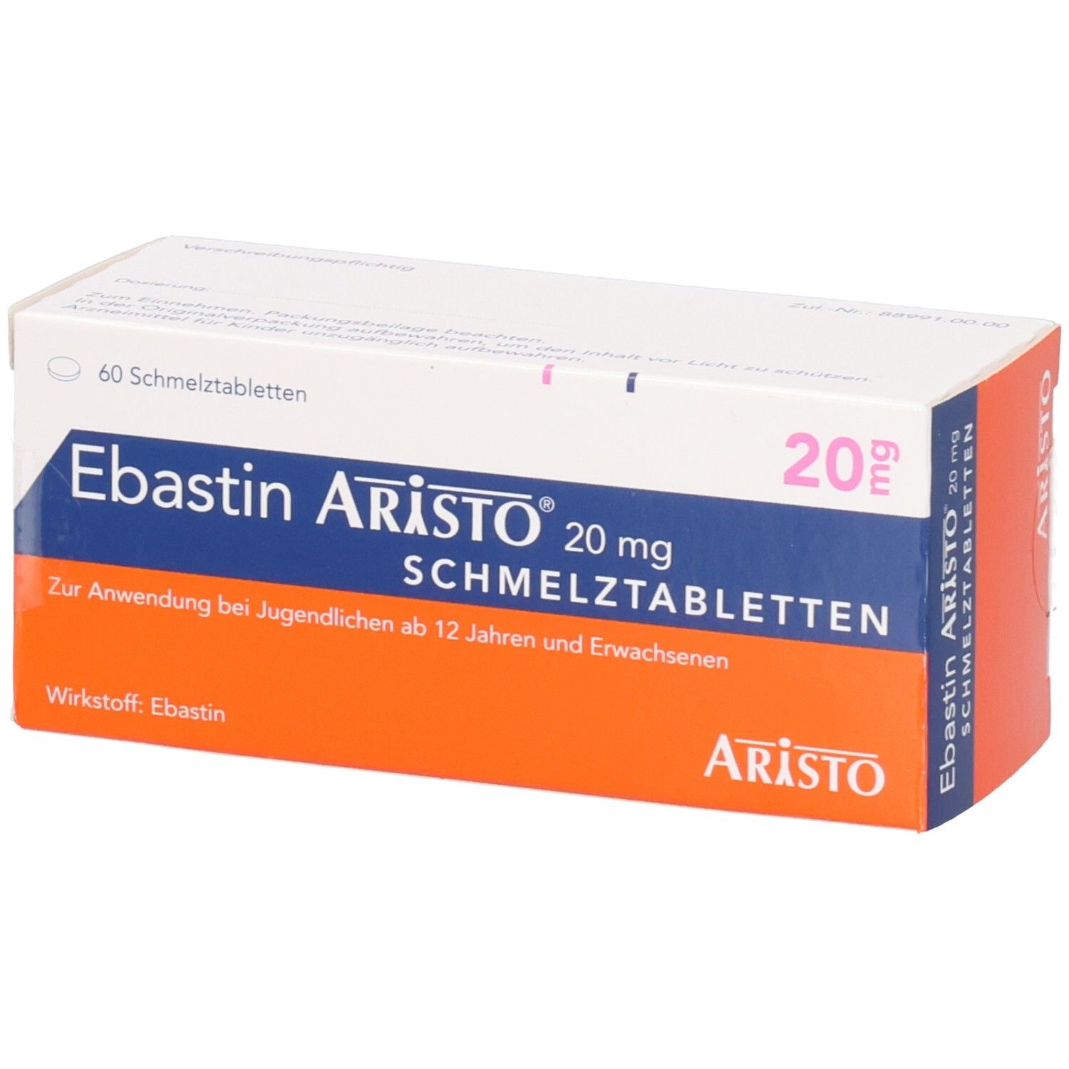 Schachtel mit EBASTIN Aristo 20 mg Schmelztabletten. Aufschrift: 60 Schmelztabletten. Orangefarbener und weißer Hintergrund.
