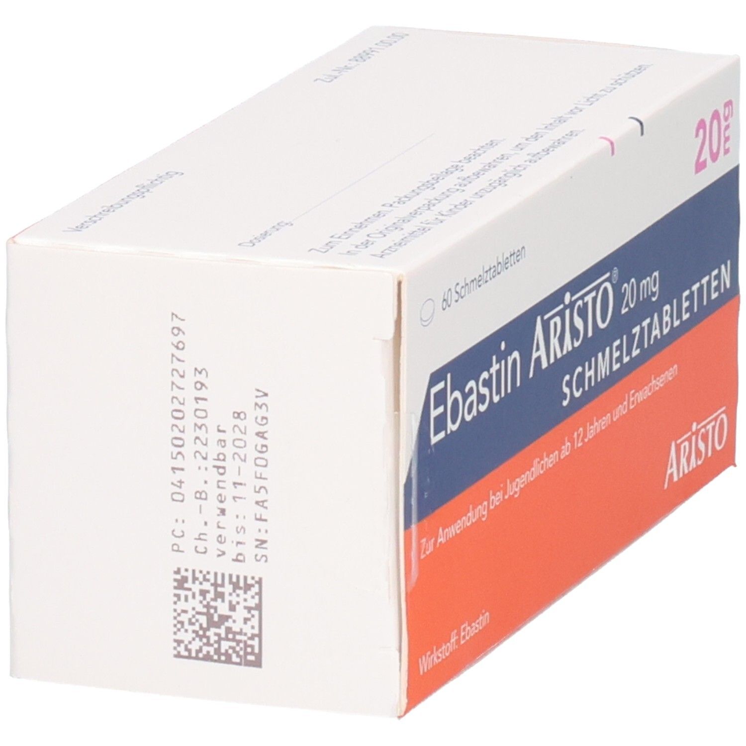 Schachtel mit EBASTIN Aristo 20 mg Schmelztabletten. Seitenansicht. Weiße und orangefarbene Verpackung.