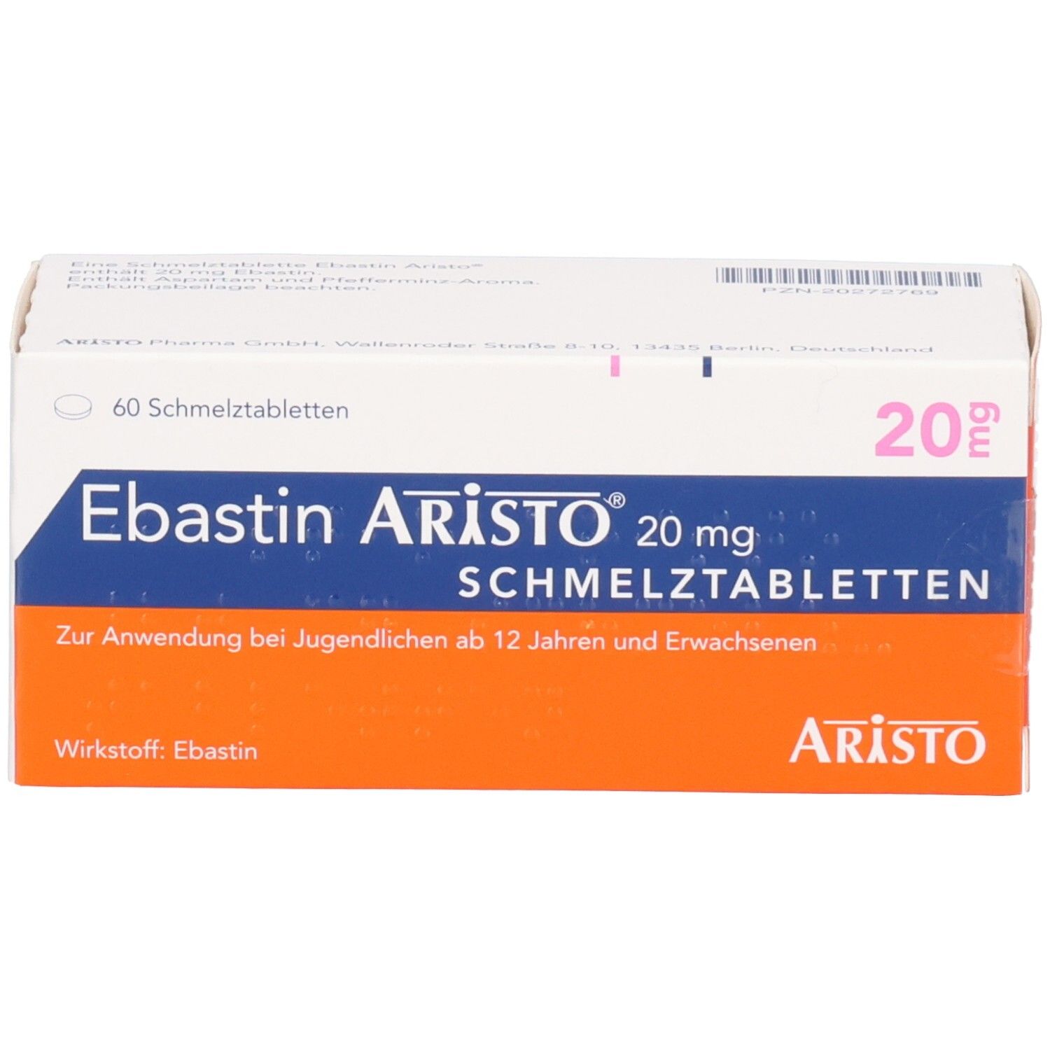 Schachtel mit EBASTIN Aristo 20 mg Schmelztabletten. Aufschrift: 60 Schmelztabletten. Orangefarbener und weißer Hintergrund.