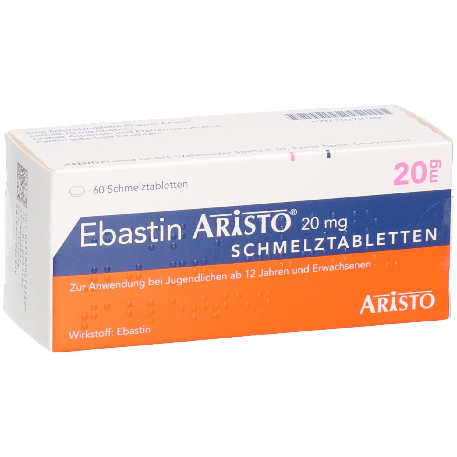 Schachtel mit EBASTIN Aristo 20 mg Schmelztabletten. Aufschrift: 60 Schmelztabletten. Orangefarbener und weißer Hintergrund.