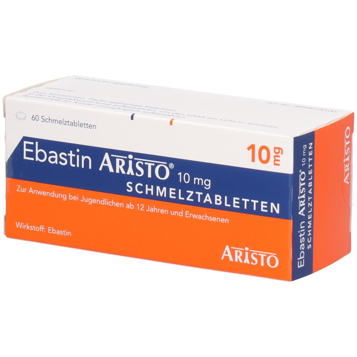 Schachtel mit EBASTIN Aristo 10 mg Schmelztabletten. Blaue, weiße und orangefarbene Verpackung. Aufschrift: 10 mg Schmelztabletten.