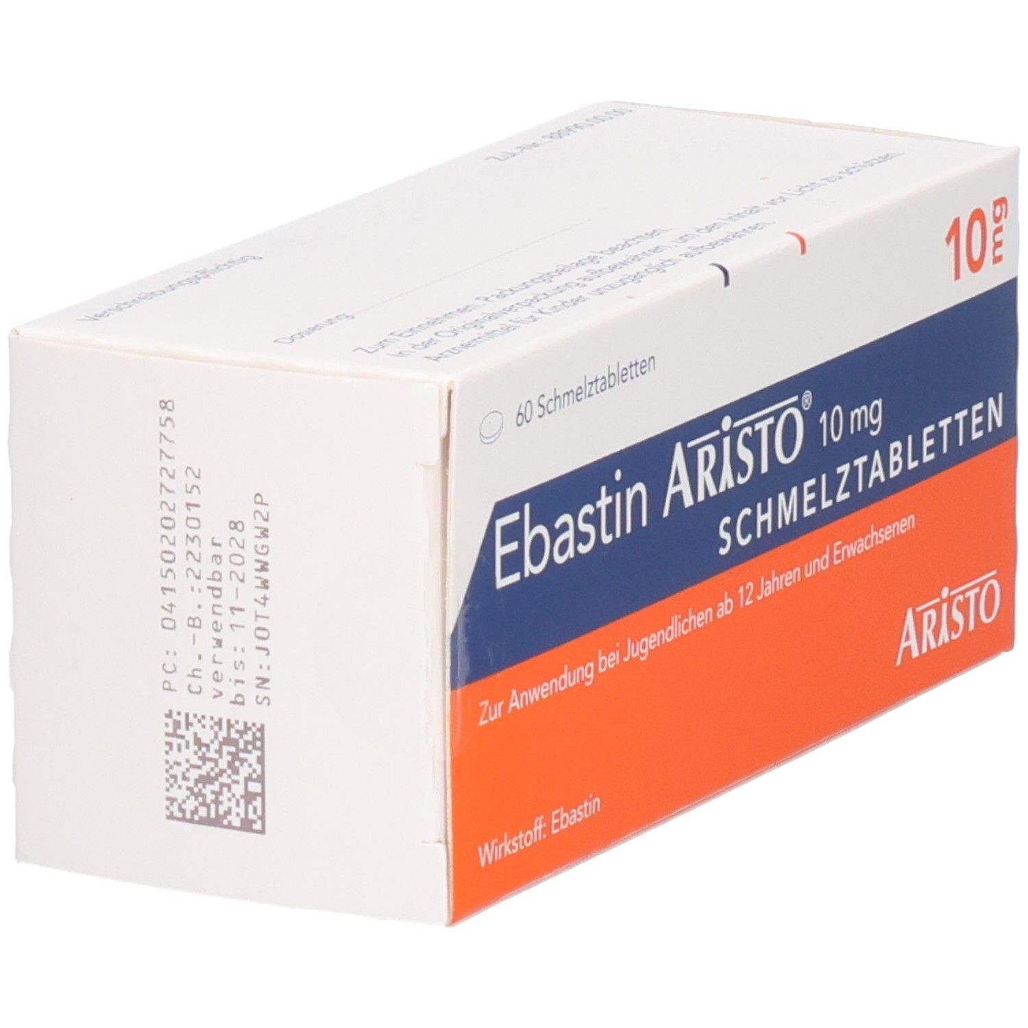 Schachtel mit EBASTIN Aristo 10 mg Schmelztabletten. Blaue, weiße und orangefarbene Verpackung. Aufschrift: 10 mg Schmelztabletten.