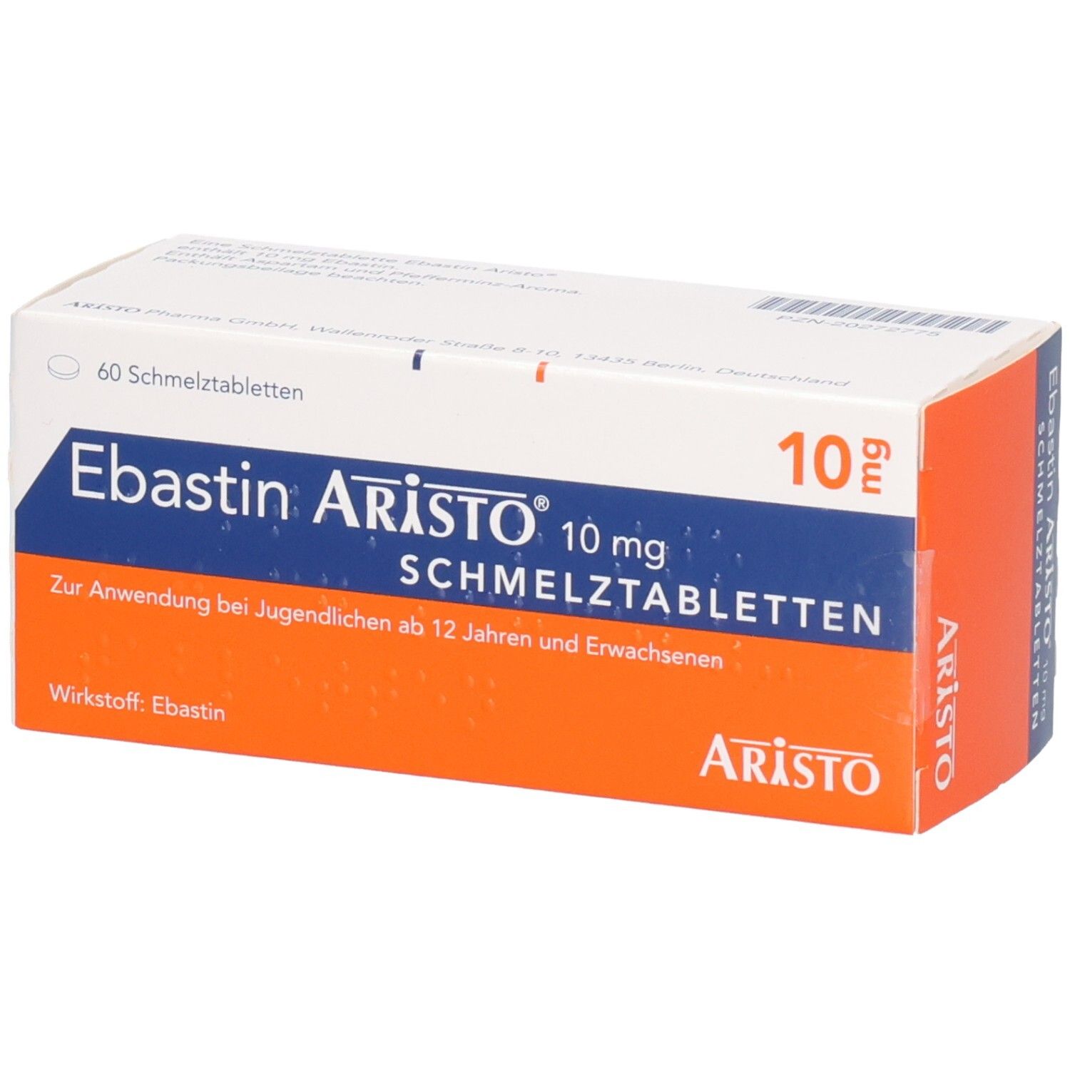 Schachtel mit EBASTIN Aristo 10 mg Schmelztabletten. Blaue, weiße und orangefarbene Verpackung. Aufschrift: 10 mg Schmelztabletten.