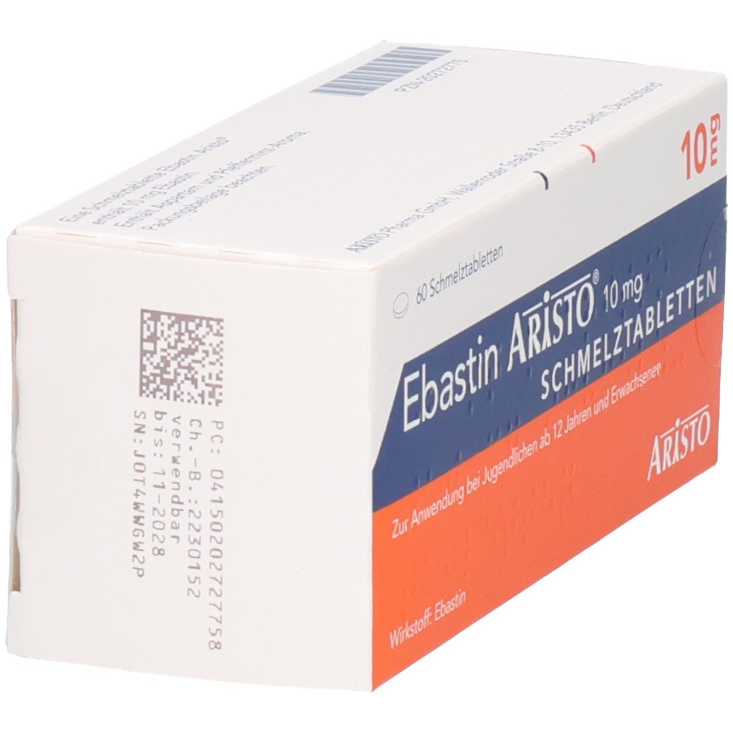 Schachtel mit EBASTIN Aristo 10 mg Schmelztabletten. Blaue, weiße und orangefarbene Verpackung. Aufschrift: 10 mg Schmelztabletten.