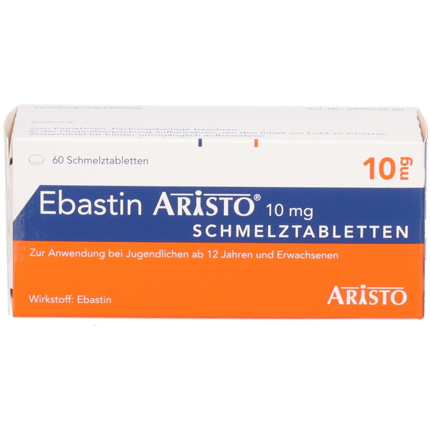 Schachtel mit EBASTIN Aristo 10 mg Schmelztabletten. Blaue, weiße und orangefarbene Verpackung. Aufschrift: 10 mg Schmelztabletten.