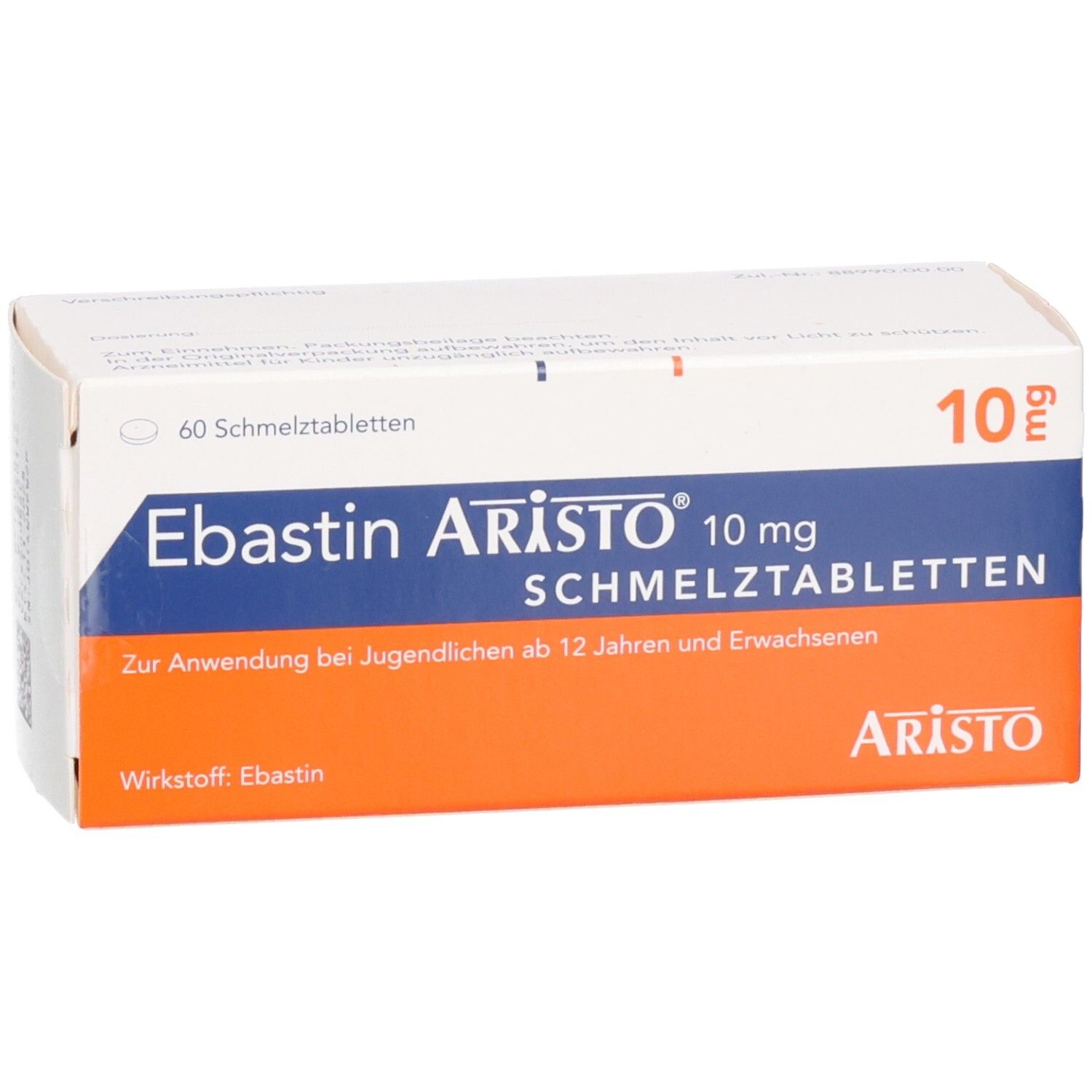 Schachtel mit EBASTIN Aristo 10 mg Schmelztabletten. Blaue, weiße und orangefarbene Verpackung. Aufschrift: 10 mg Schmelztabletten.