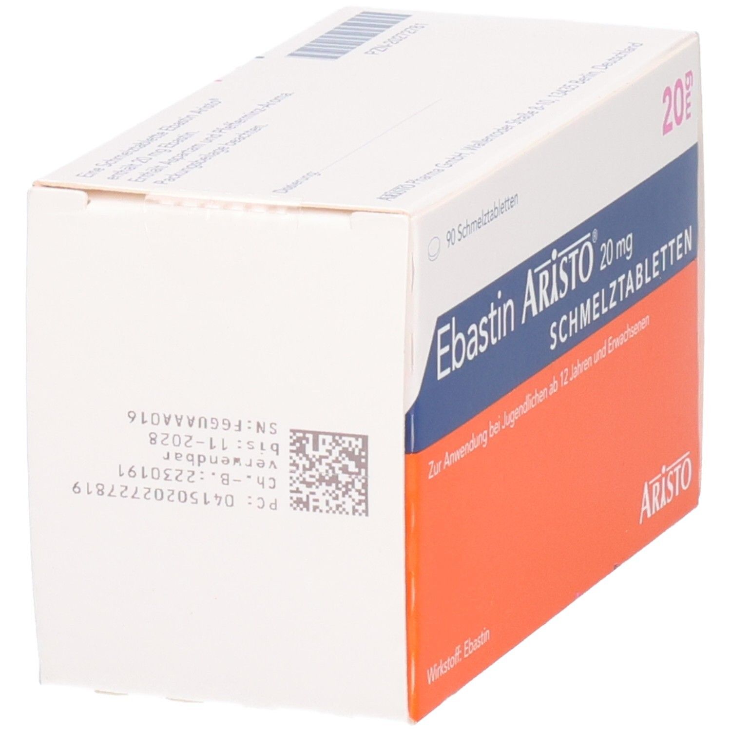 Ebastin Aristo 20 mg Schmelztabletten-Packung. Weiße Schachtel mit blauem und orangefarbenem Design. Text: EBASTIN ARISTO 20 mg Schmelztabletten.
