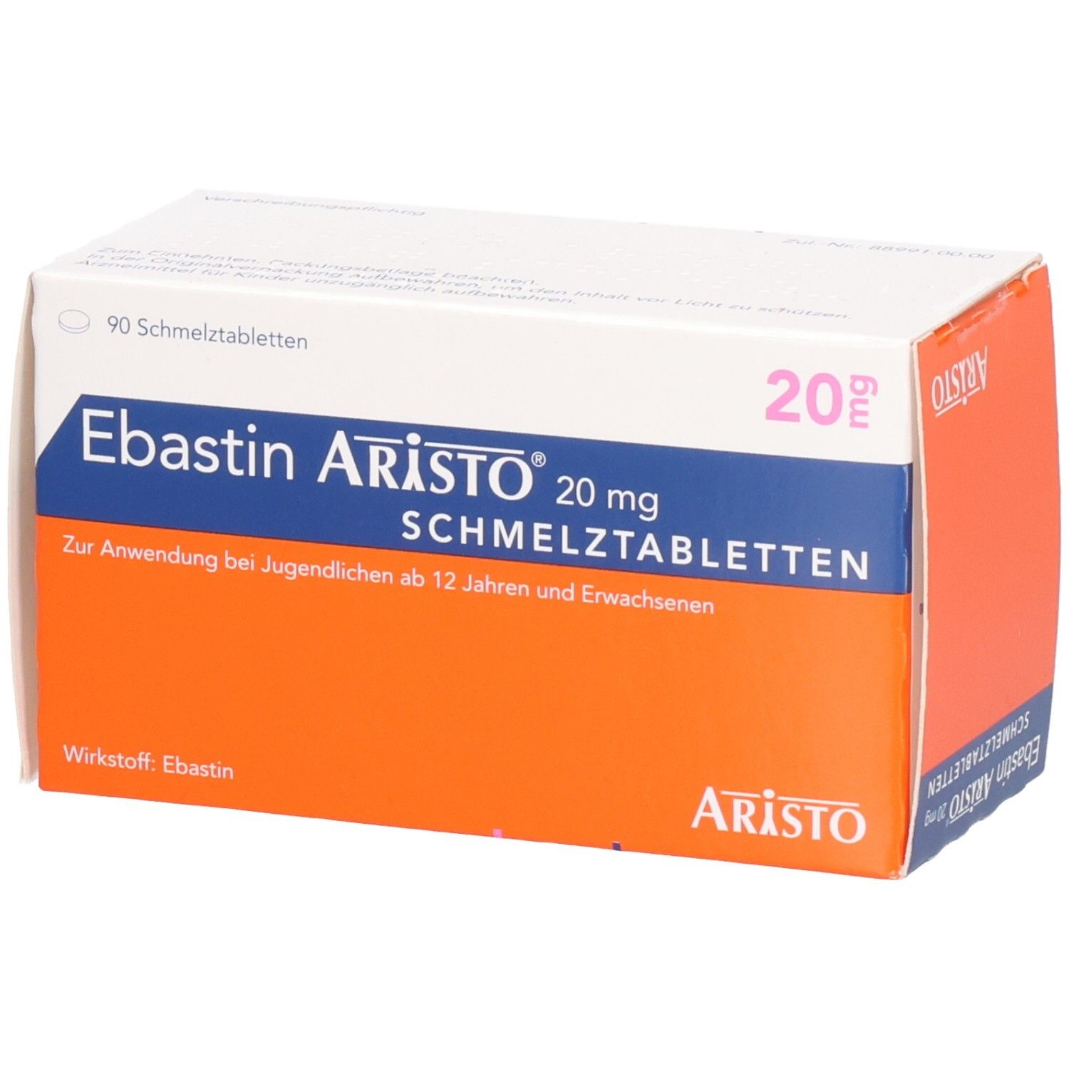 Ebastin Aristo 20 mg Schmelztabletten-Packung. Weiße Schachtel mit blauem und orangefarbenem Design. Text: EBASTIN ARISTO 20 mg Schmelztabletten.