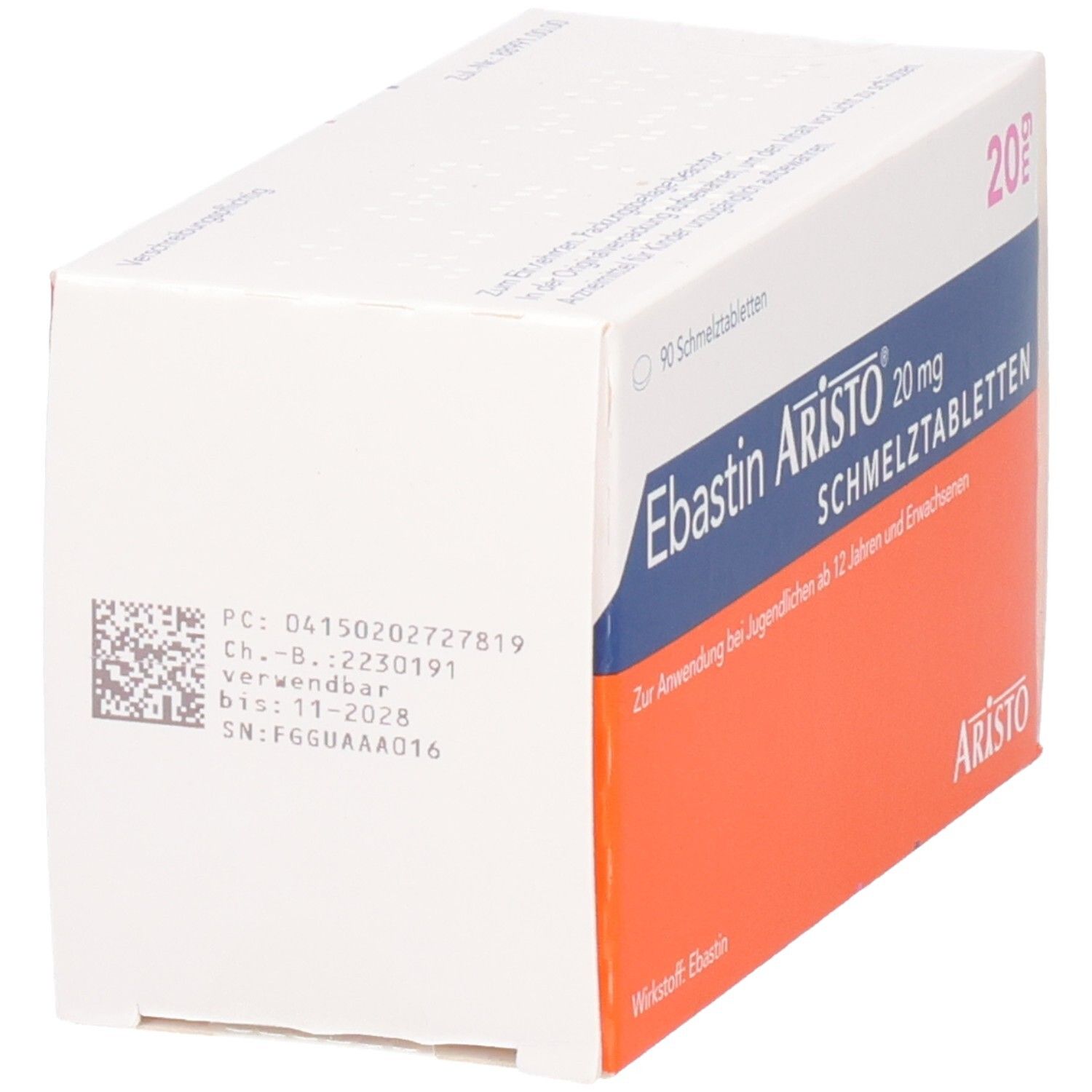 Ebastin Aristo 20 mg Schmelztabletten-Packung. Weiße Schachtel mit blauem und orangefarbenem Design. Text: EBASTIN ARISTO 20 mg Schmelztabletten.