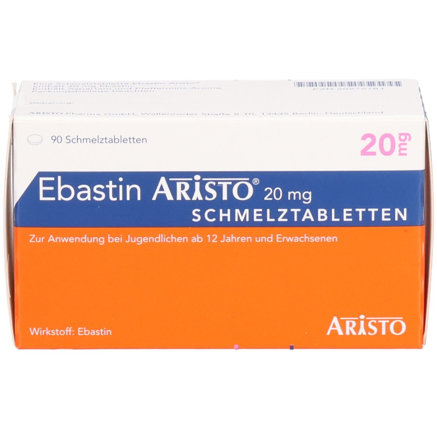 Ebastin Aristo 20 mg Schmelztabletten-Packung. Weiße Schachtel mit blauem und orangefarbenem Design. Text: EBASTIN ARISTO 20 mg Schmelztabletten.