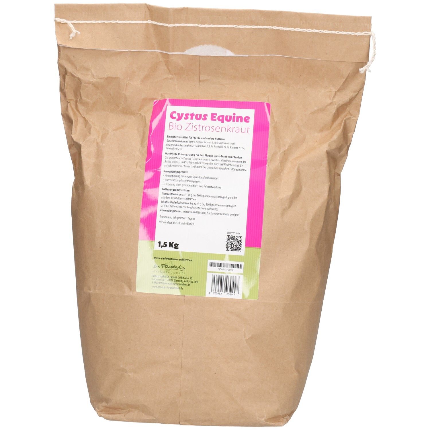 Braune Papiertüte mit rosa und grünen Etiketten. Cystus Equine Bio Zistrosenkraut für Pferde. 1,5 kg.