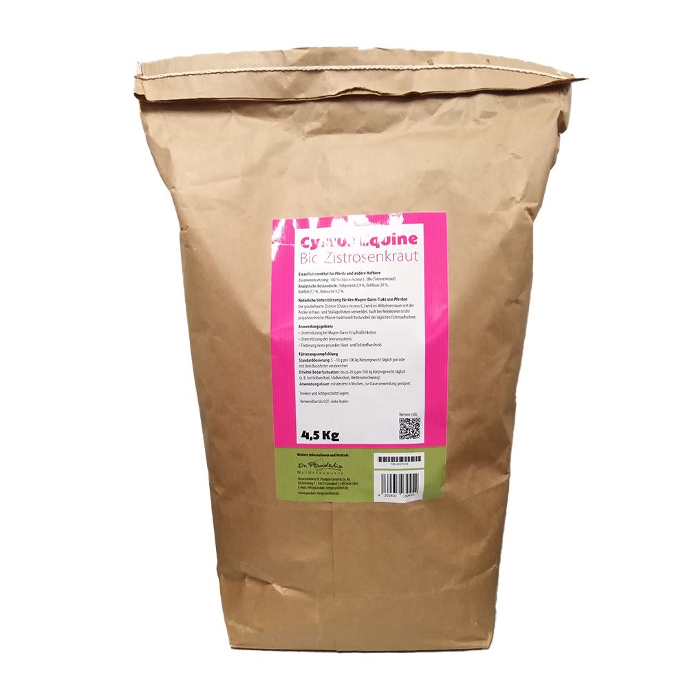 Rückseite eines Papiersacks: Cystus Equine Bio Zistrosenkraut für Pferde, 4,5 kg, mit detaillierten Produktinformationen.