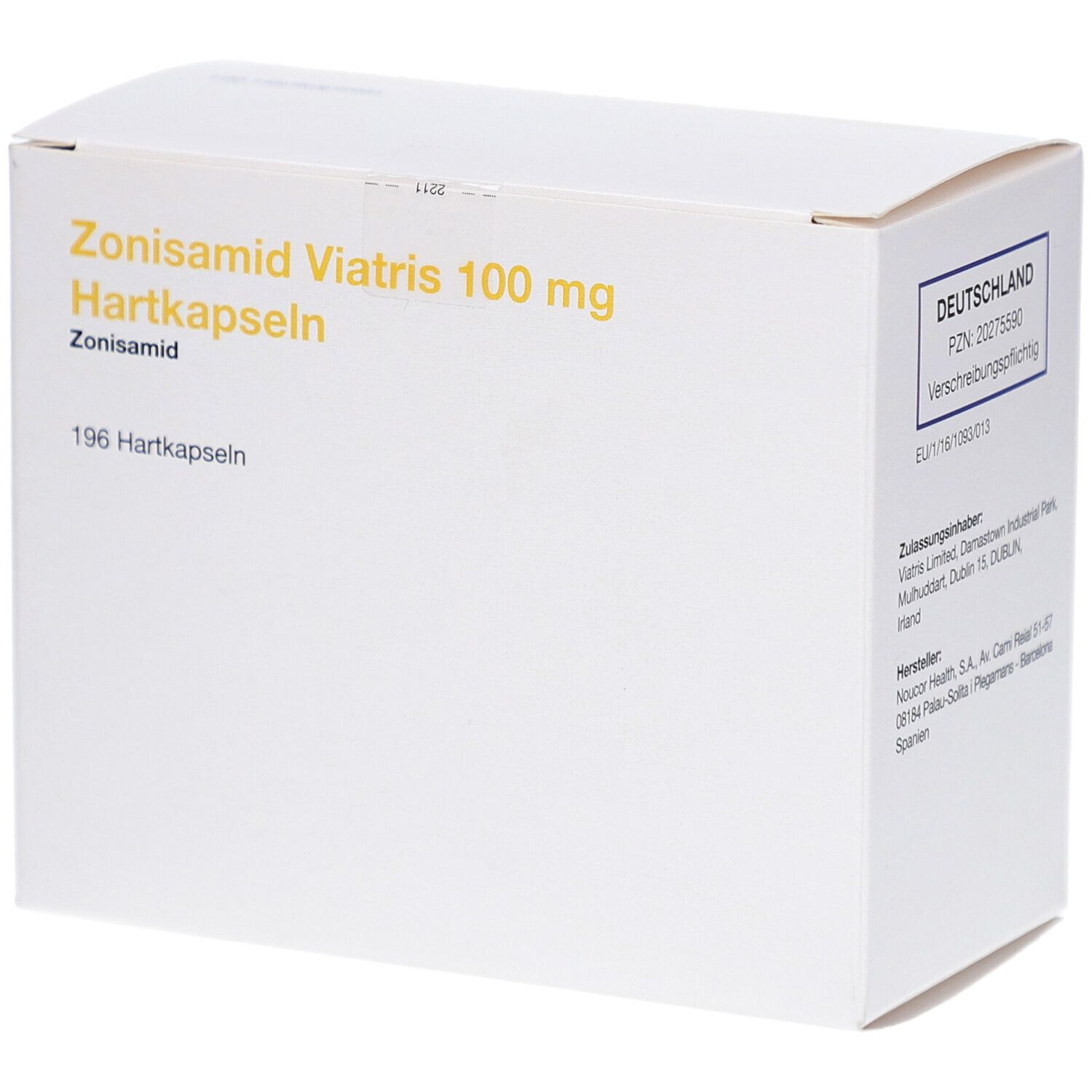 Weiße Kartonverpackung mit gelbem Schriftzug. Beschriftung: Zonisamid Viatris 100 mg Hartkapseln, 196 Hartkapseln. Aufdruck: Deutschland.