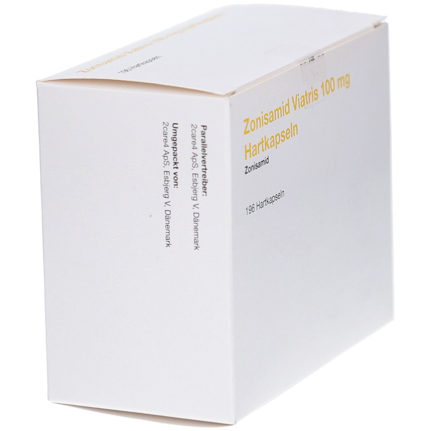 Weiße Kartonverpackung. Beschriftung: Zonisamid Viatris 100 mg Hartkapseln, 196 Hartkapseln. Aufdruck: Umgepackt von 2care4 ApS, Esbjerg V, Dänemark.