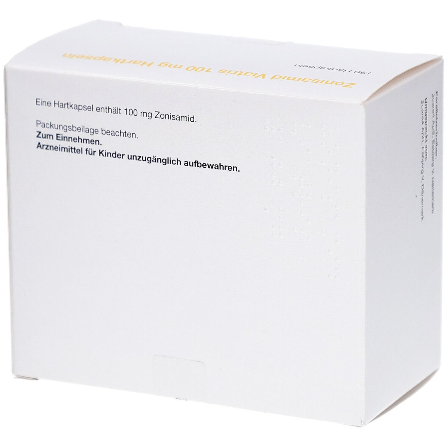 Weiße Kartonverpackung. Text: Eine Hartkapsel enthält 100 mg Zonisamid. Packungsbeilage beachten. Arzneimittel für Kinder unzugänglich aufbewahren.