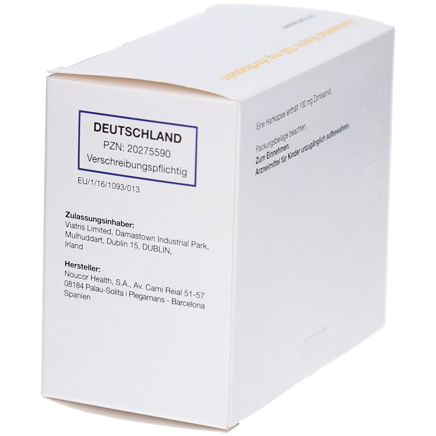 Weiße Kartonverpackung. Aufdruck: Deutschland, PZN: 20275590, Verschreibungspflichtig. Zulassungsinhaber: Viatris Limited, Dublin. Hersteller: Noucor Health, Spanien.