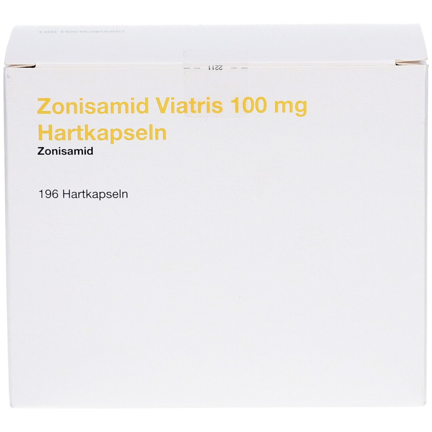 Weiße Kartonverpackung mit gelbem Schriftzug. Beschriftung: Zonisamid Viatris 100 mg Hartkapseln, Zonisamid, 196 Hartkapseln.