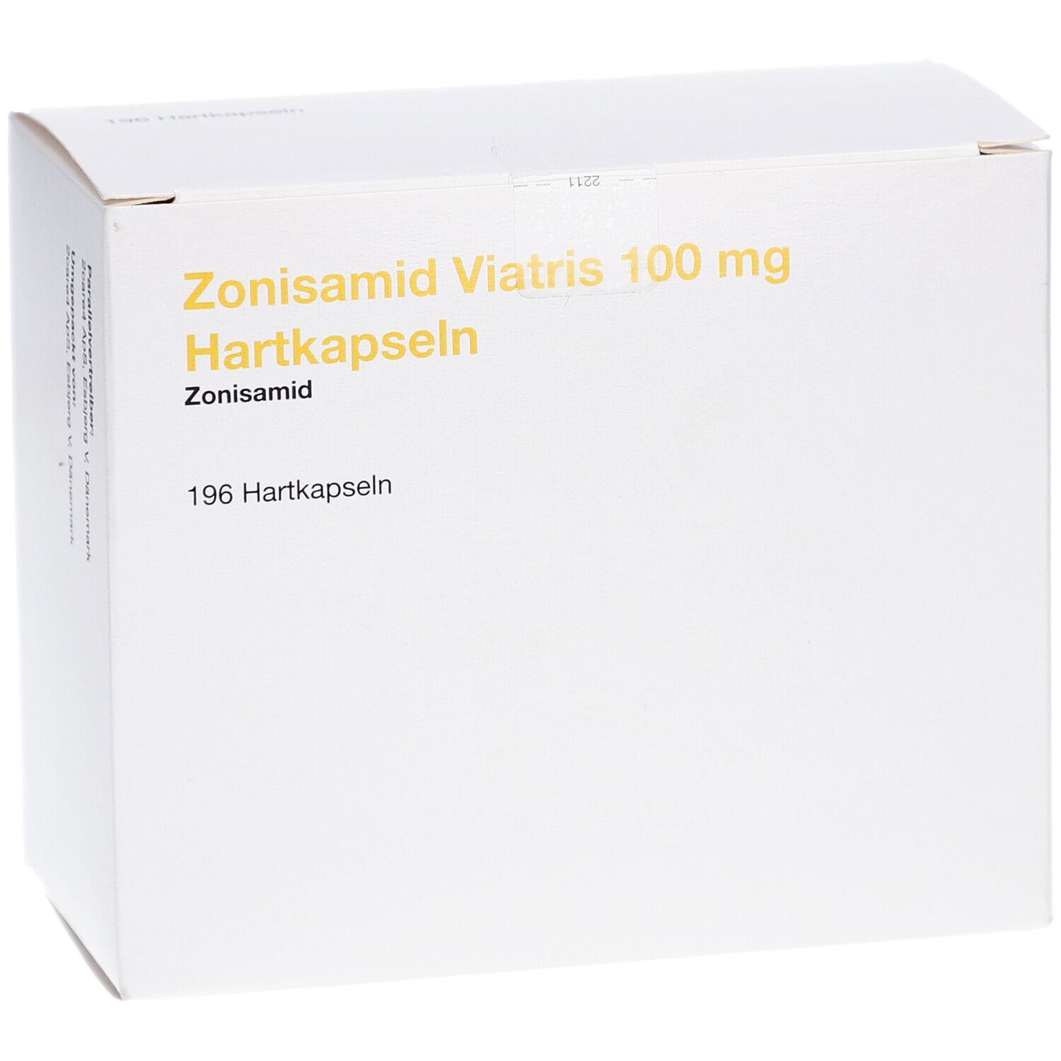 Weiße Kartonverpackung mit gelbem Schriftzug. Beschriftung: Zonisamid Viatris 100 mg Hartkapseln, Zonisamid, 196 Hartkapseln.