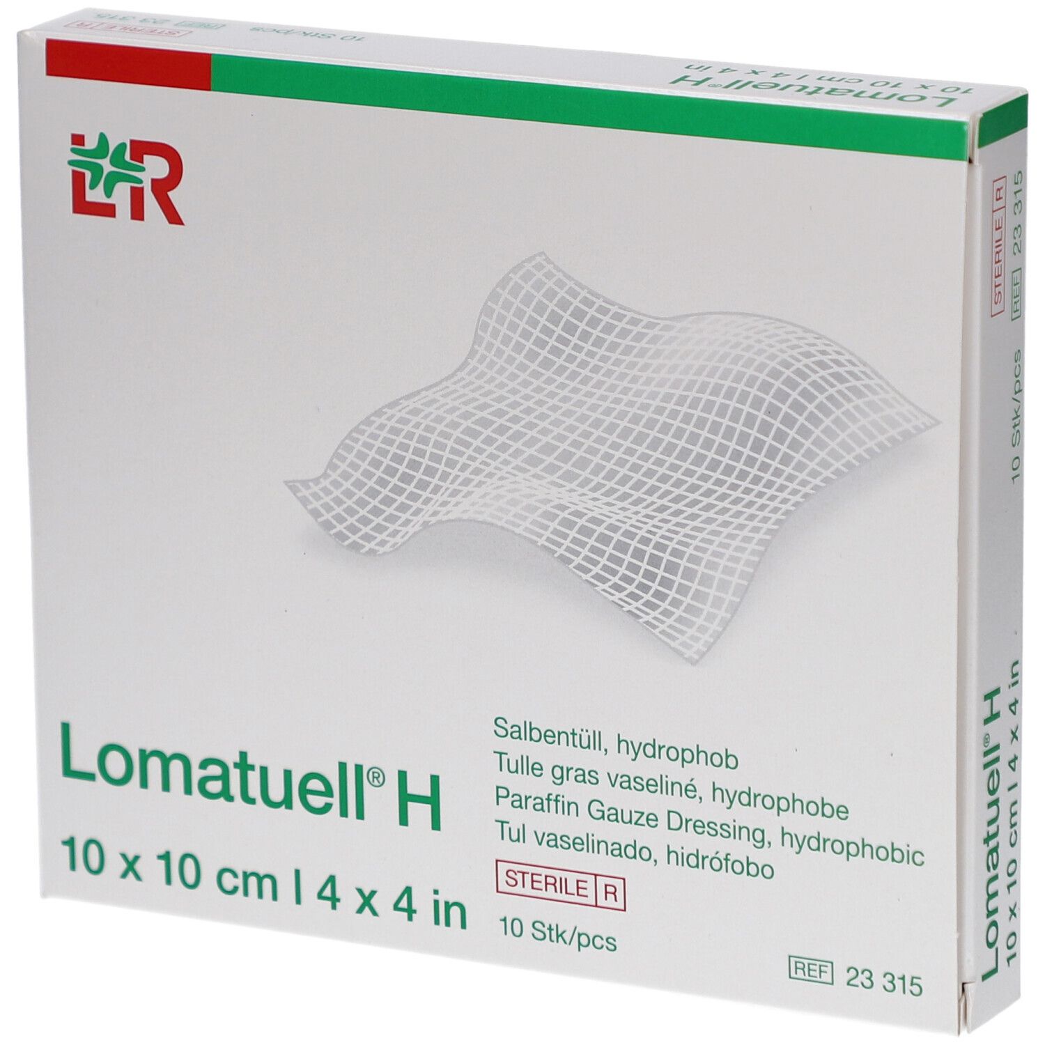 Verpackung von Lomatuell® H, 10 x 10 cm. Zeigt ein Salbentüll. Logo L&R. Sterile Packung.