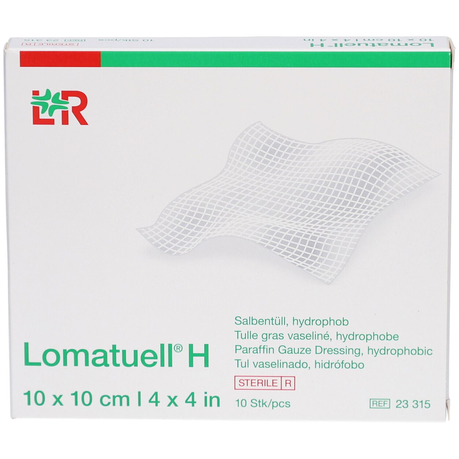Verpackung von Lomatuell® H, 10 x 10 cm. Zeigt Salbentüll. Logo L&R. Sterile Packung.
