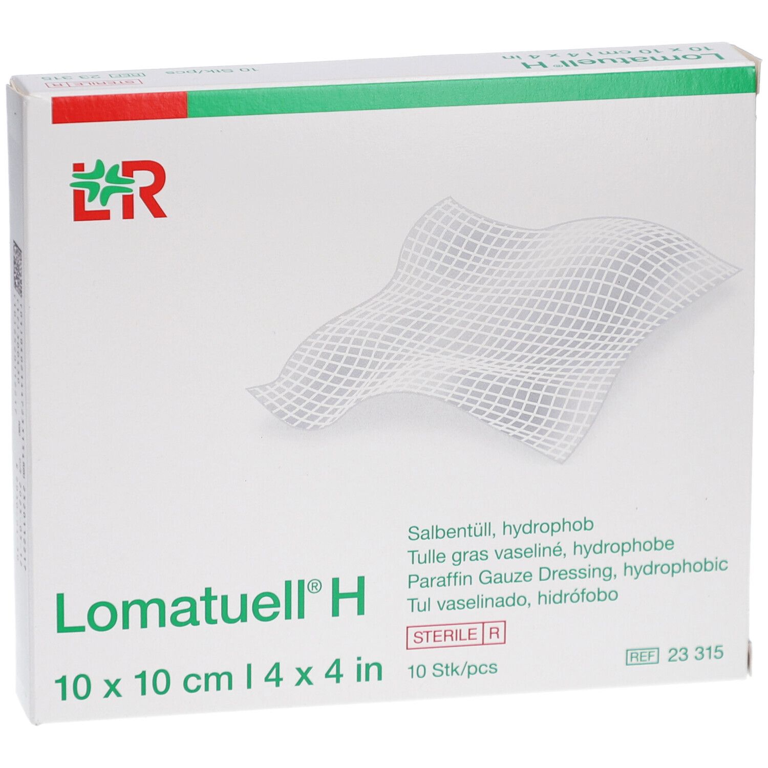 Verpackung von Lomatuell® H, 10 x 10 cm. Zeigt Salbentüll. Logo L&R. Sterile Packung.
