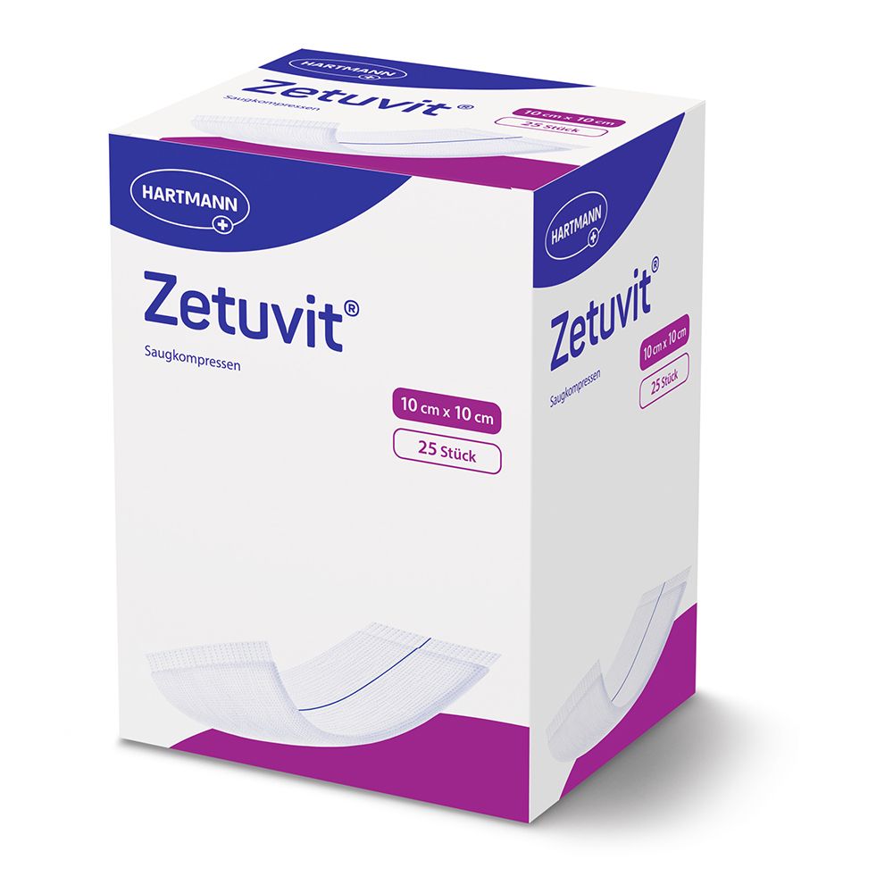 Verpackung Zetuvit® Saugkompressen, steril, 10 x 10 cm, 25 Stück.