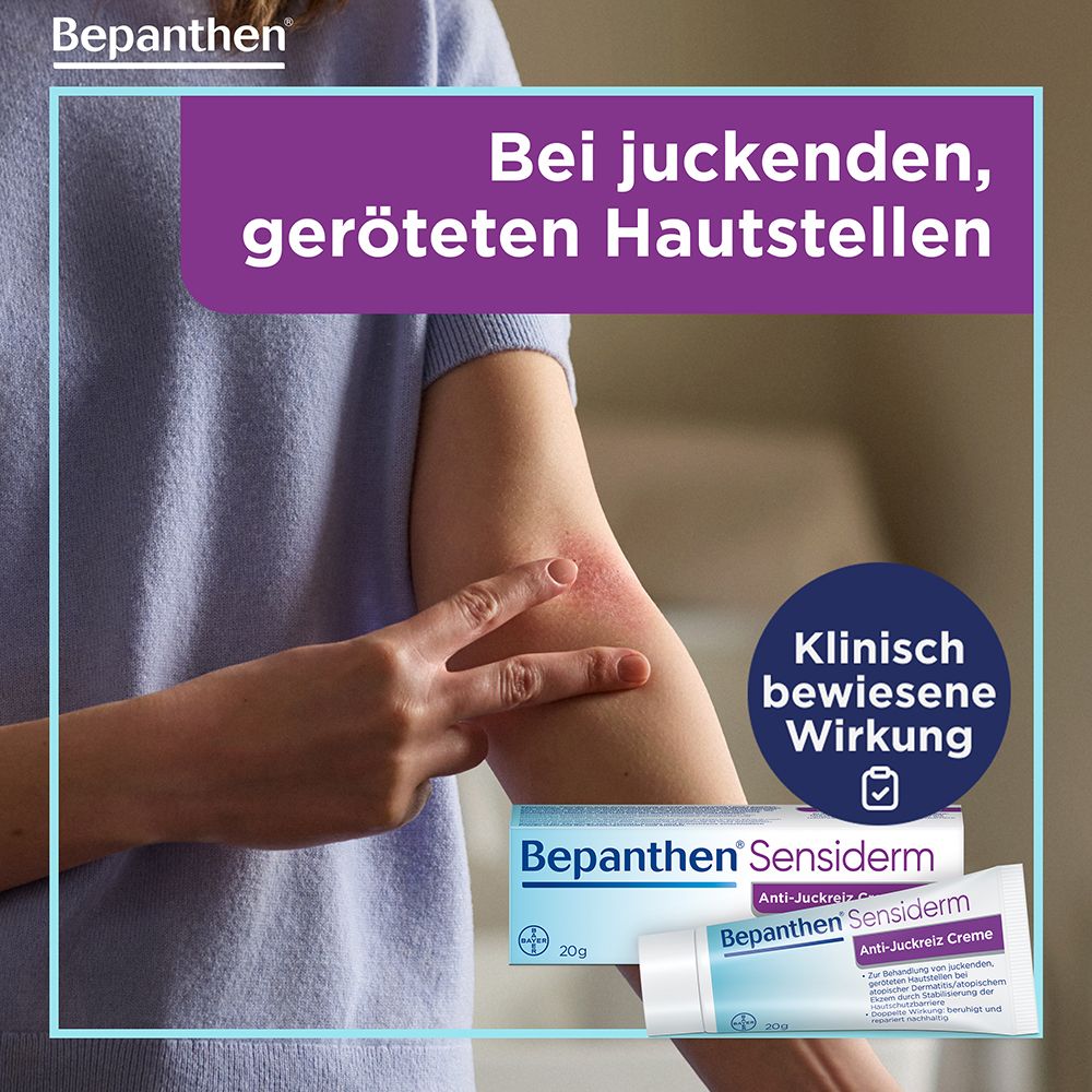 Arm mit geröteter, juckender Haut neben Bepanthen Sensiderme Creme.