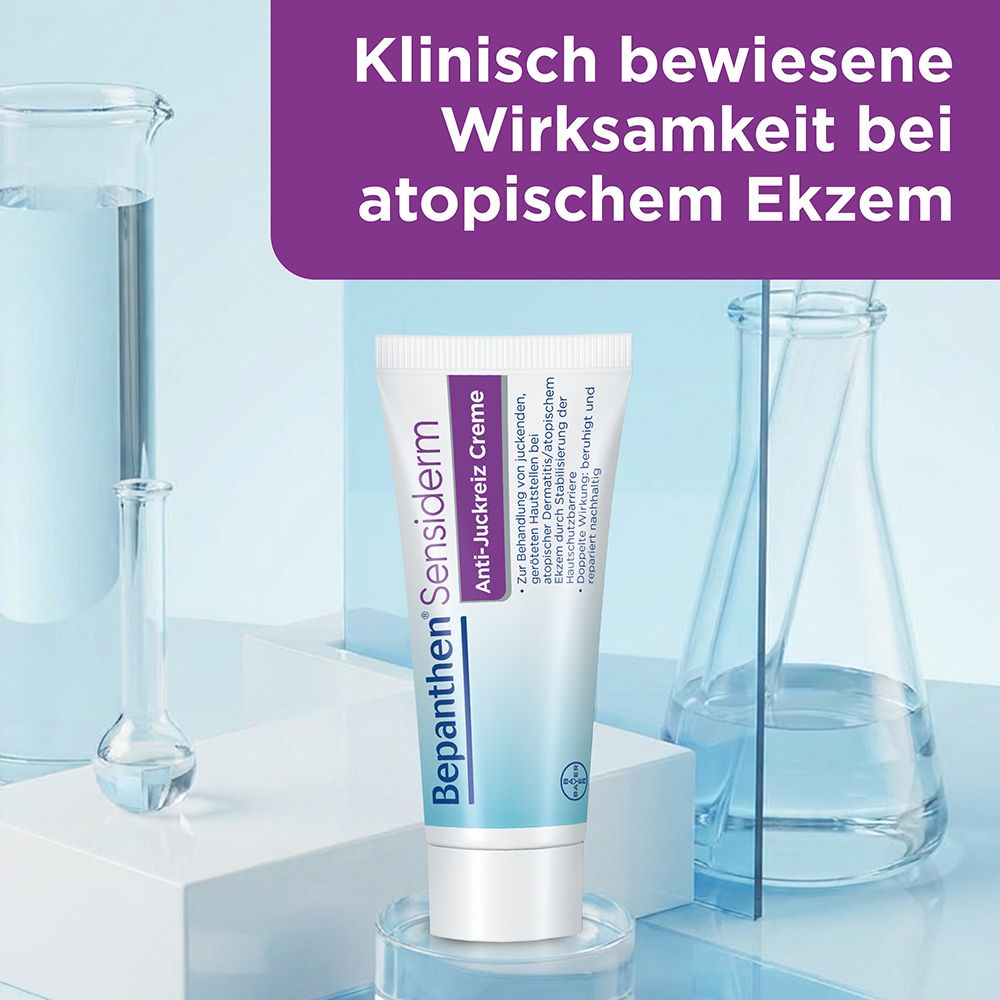 Bepanthen Sensiderme Creme in Laborumgebung mit Glasgeräten.