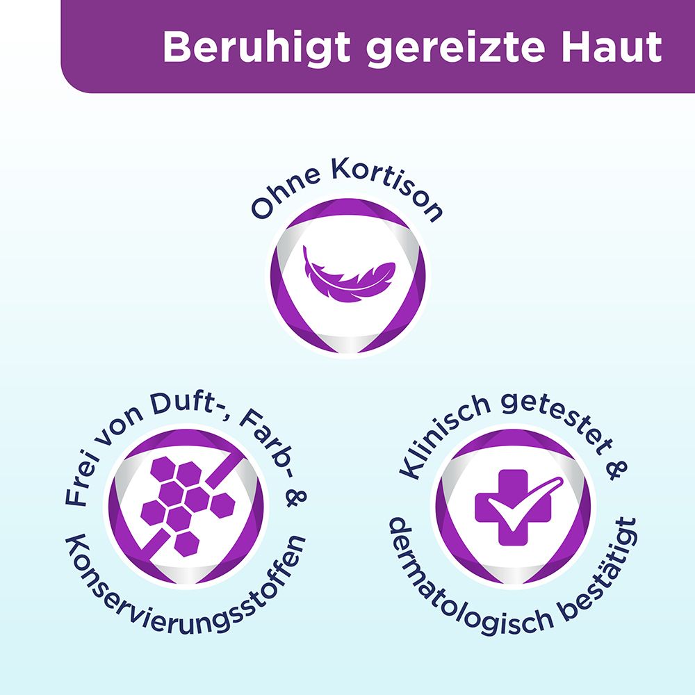 Symbole: Ohne Kortison, Frei von Duft-, Farb-, Konservierungsstoffen, Dermatologisch getestet.