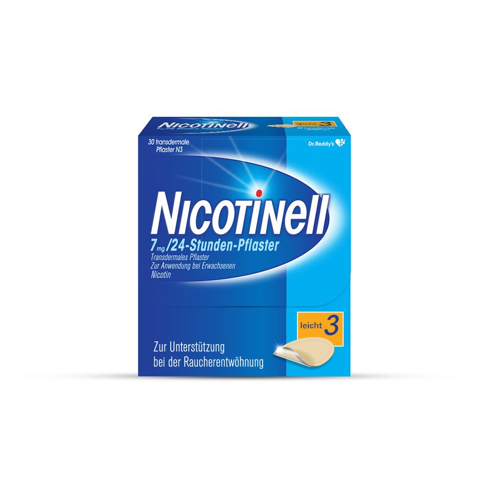 Blau-weiße Schachtel mit Nicotinell 7 mg/24-Stunden-Pflaster. Enthält 30 Pflaster. Aufdruck: Zur Raucherentwöhnung.