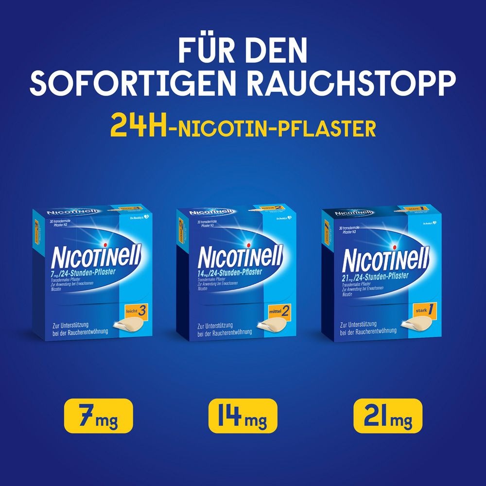 Drei Nicotinell-Verpackungen. Text: Für den sofortigen Rauchstopp. 7 mg, 14 mg, 21 mg.