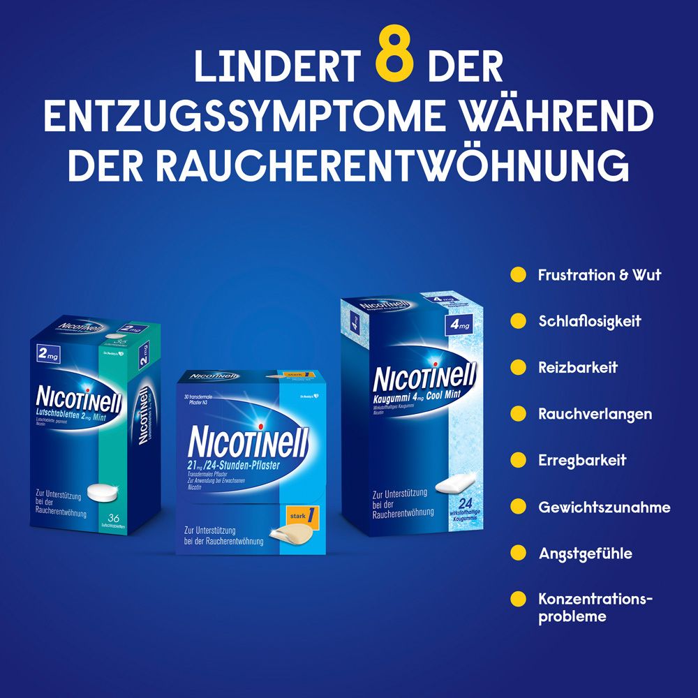 Grafik mit 3 Schachteln Nicotinell. Text: Lindert 8 der Entzugssymptome während der Raucherentwöhnung. Gelbe Punkte mit Symptomen.