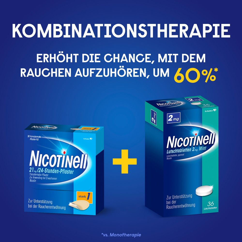 Zwei Produkte: Nicotinell 21mg Pflaster und Lutschtabletten. Text: Kombinationstherapie erhöht die Chance um 60%.