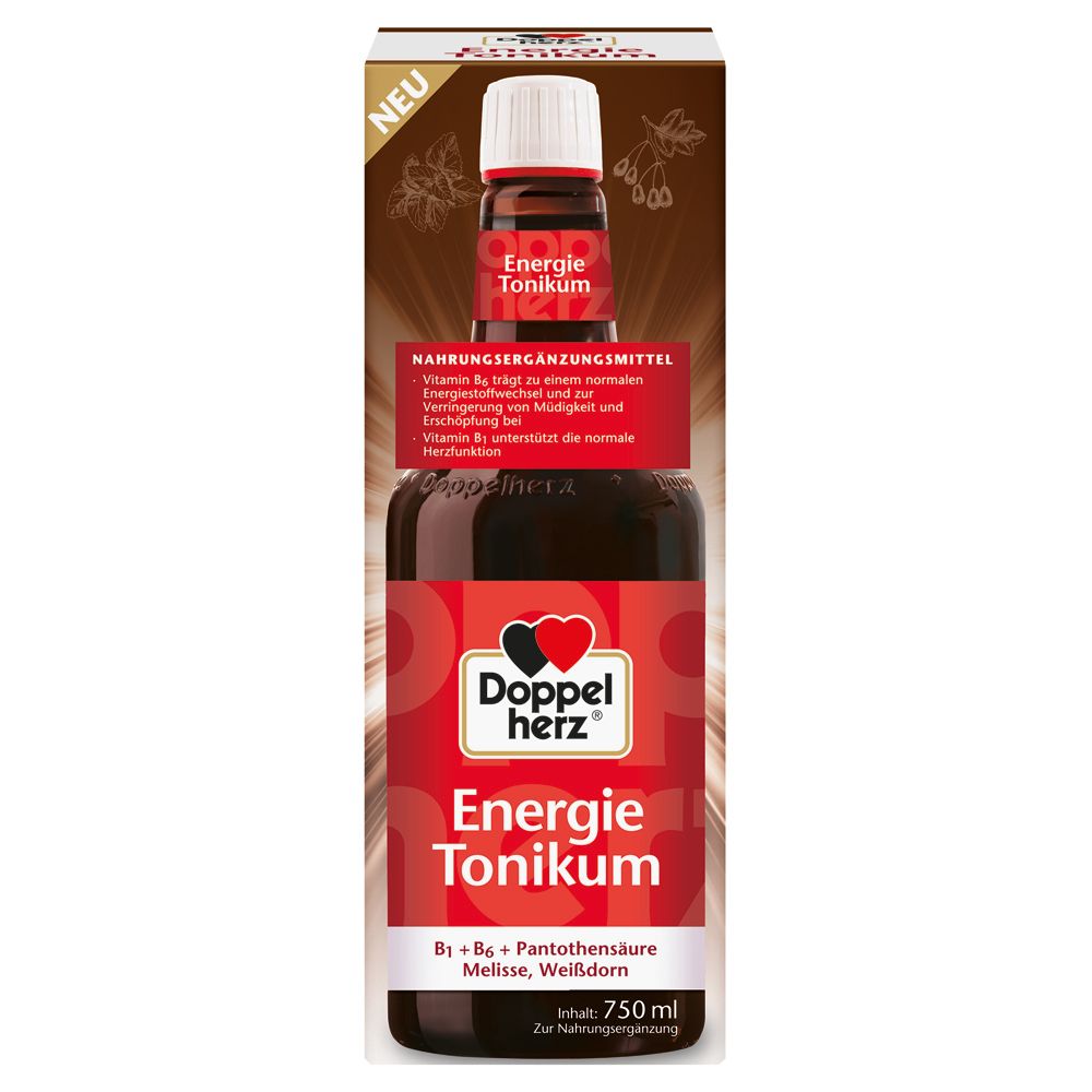 Flasche mit Doppelherz Energie Tonikum, 750 ml. Enthält B1, B6, Pantothensäure, Melisse, Weißdorn.