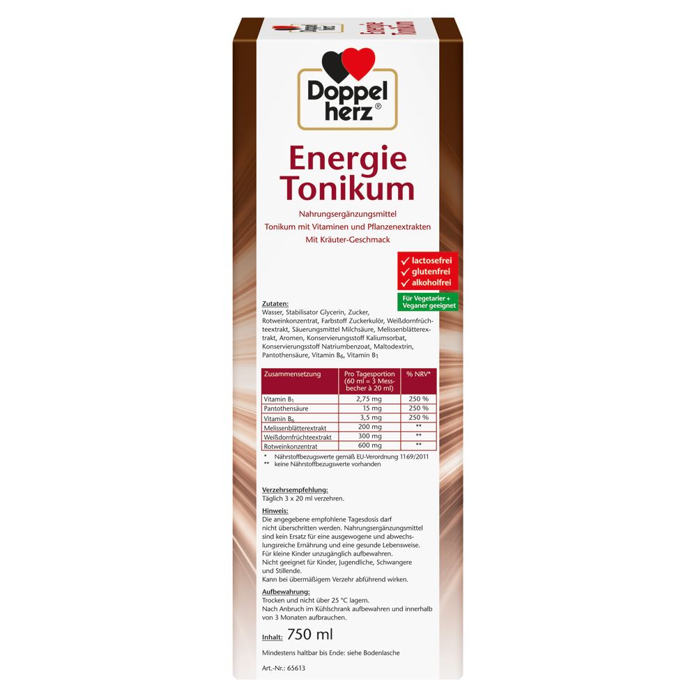 Rückseite der Verpackung von Doppelherz Energie Tonikum. Enthält Nährwertangaben und Inhaltsstoffe.