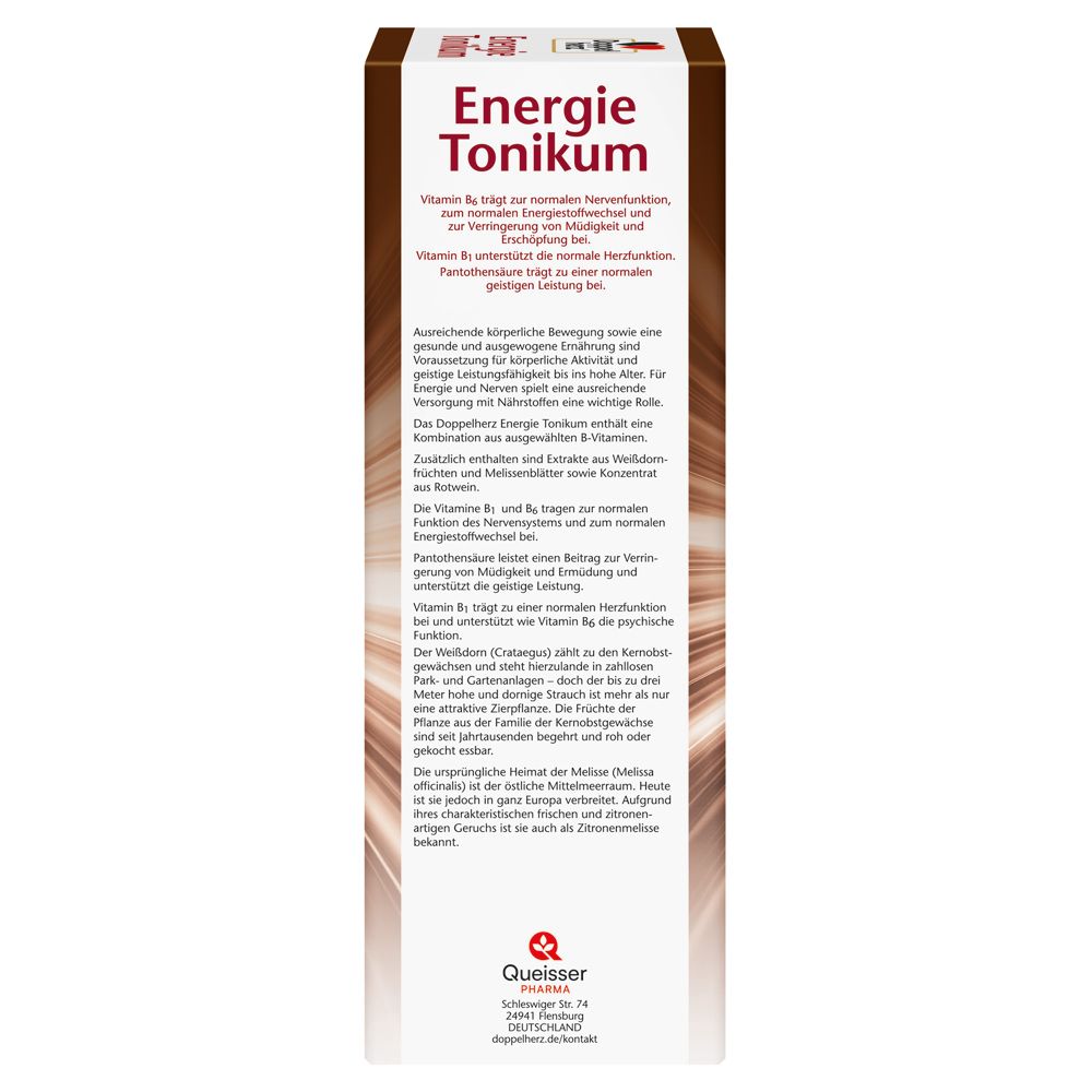 Seitenansicht der Verpackung von Doppelherz Energie Tonikum. Beschreibt die Vorteile von Vitamin B6 und Pantothensäure.