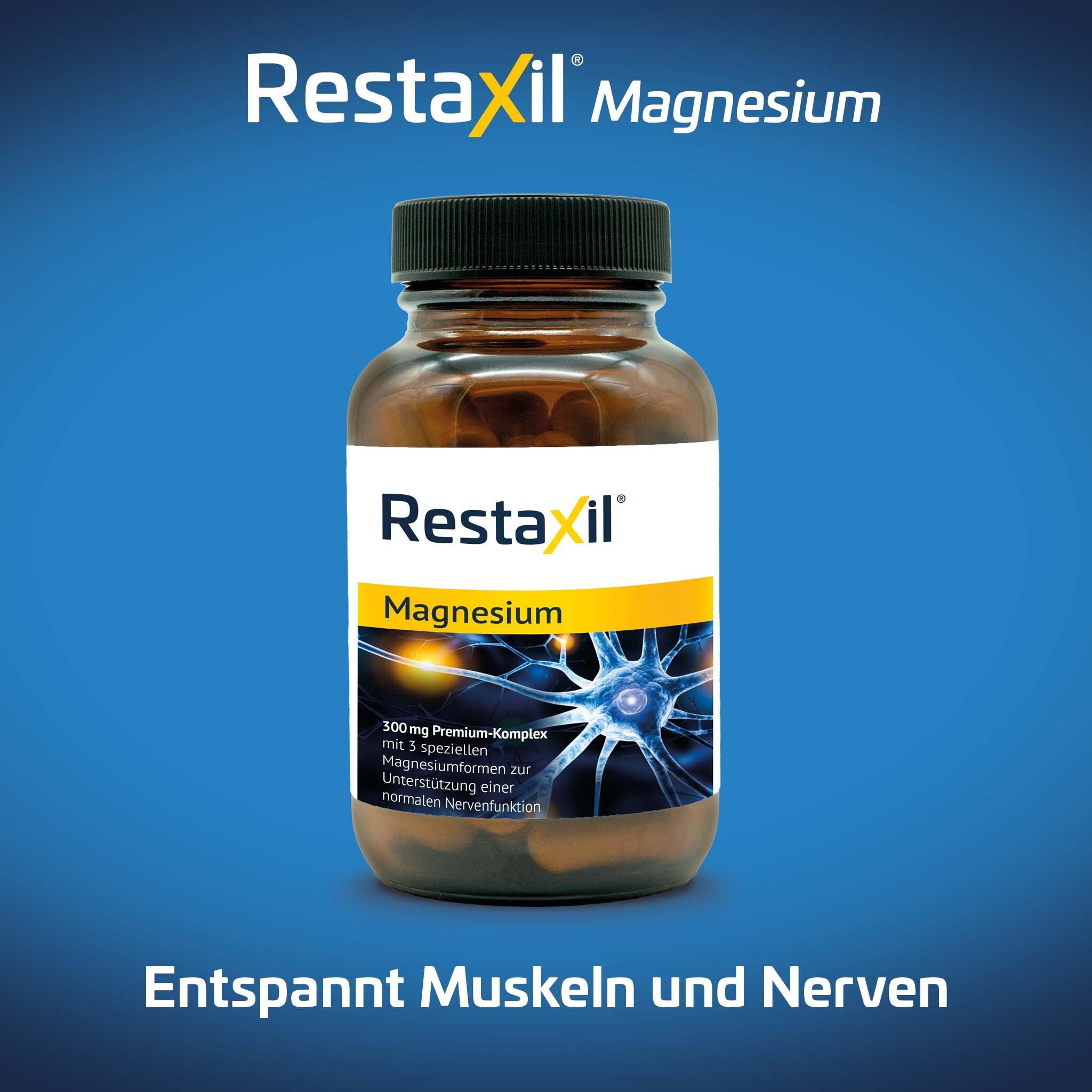 Braune Flasche mit schwarzem Deckel. Etikett mit "Restaxil Magnesium".