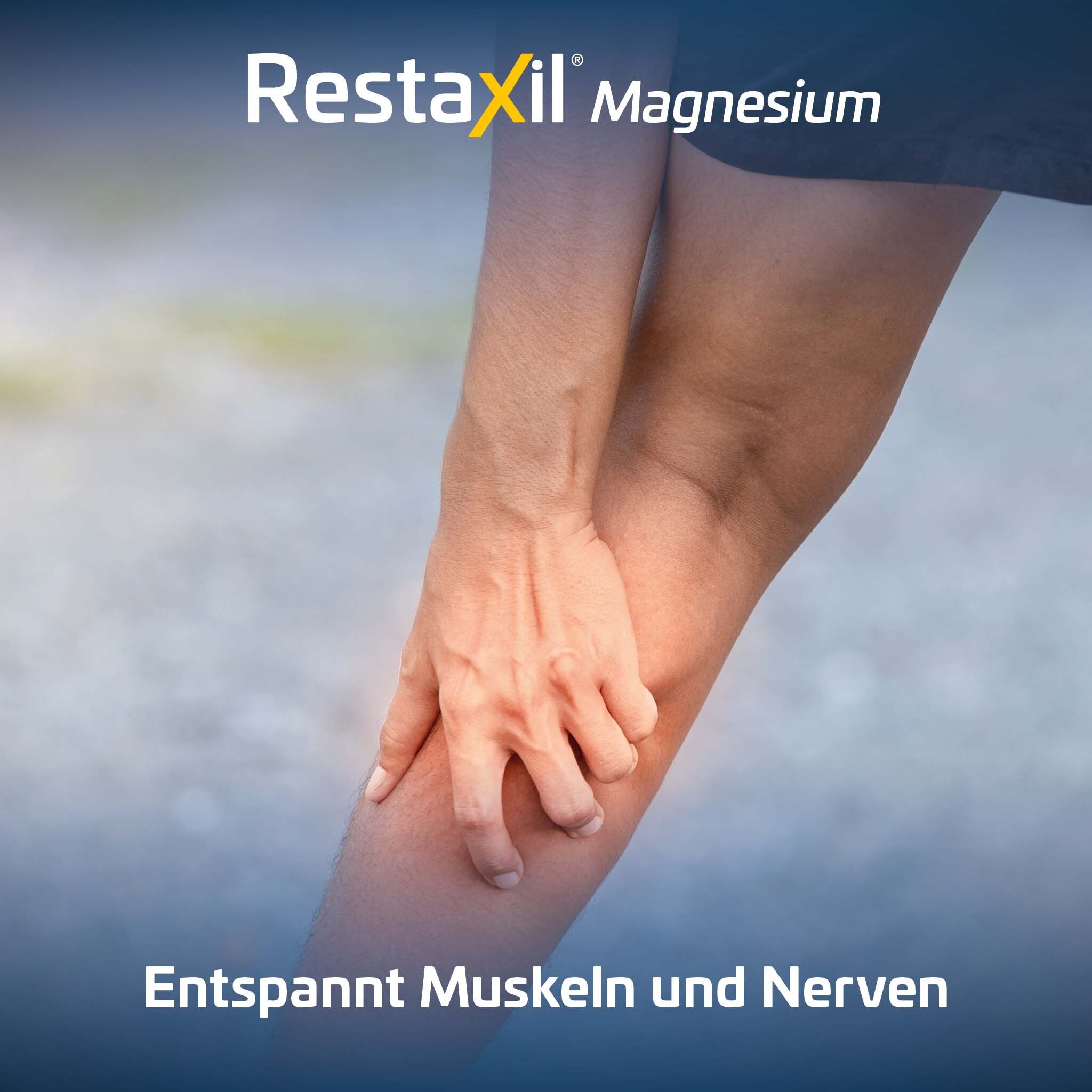 Person hält Bein. Text: "Restaxil Magnesium".